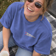 ’Tis the Damn Season Buffalo Tee in Flo Blue, front, on model