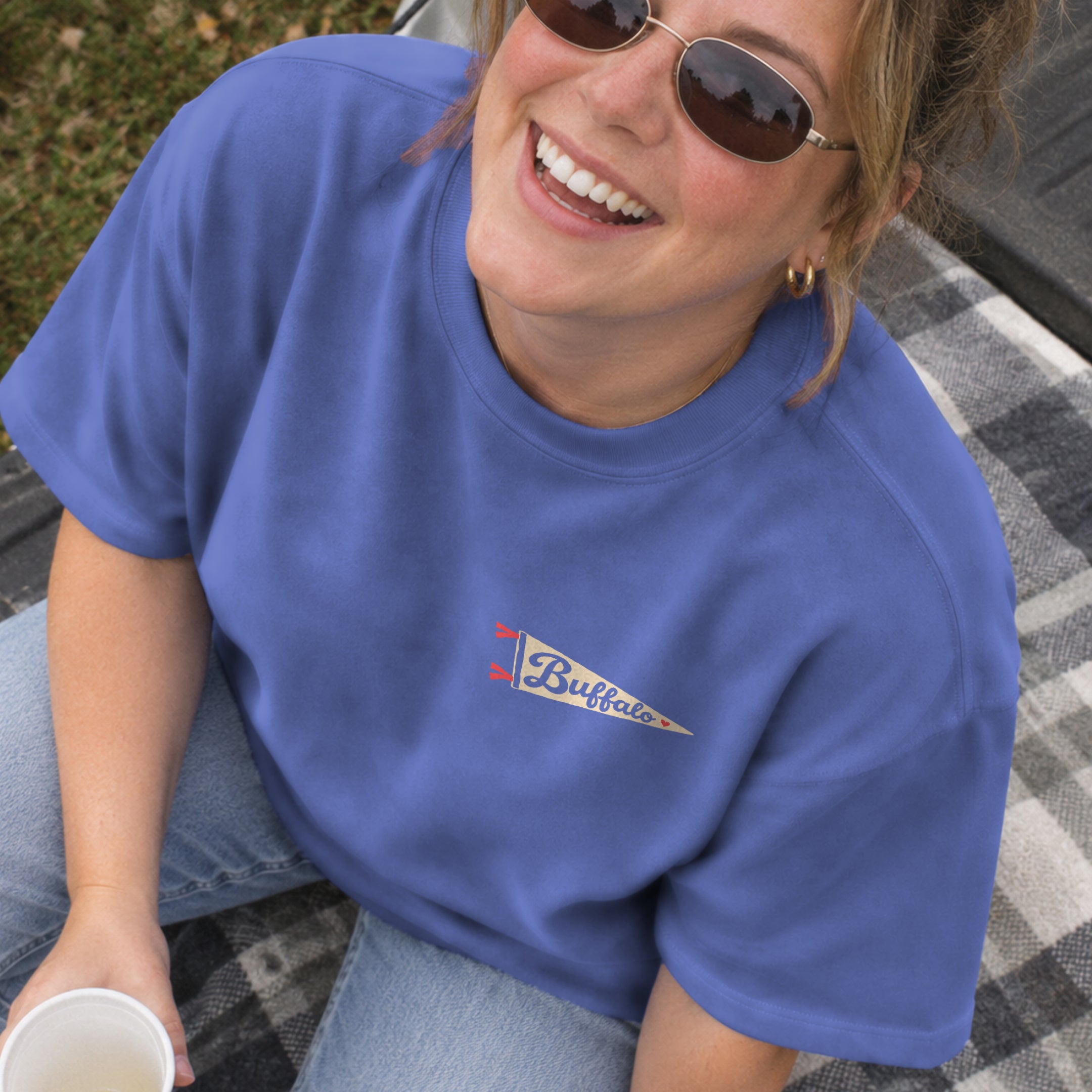 ’Tis the Damn Season Buffalo Tee in Flo Blue, front, on model