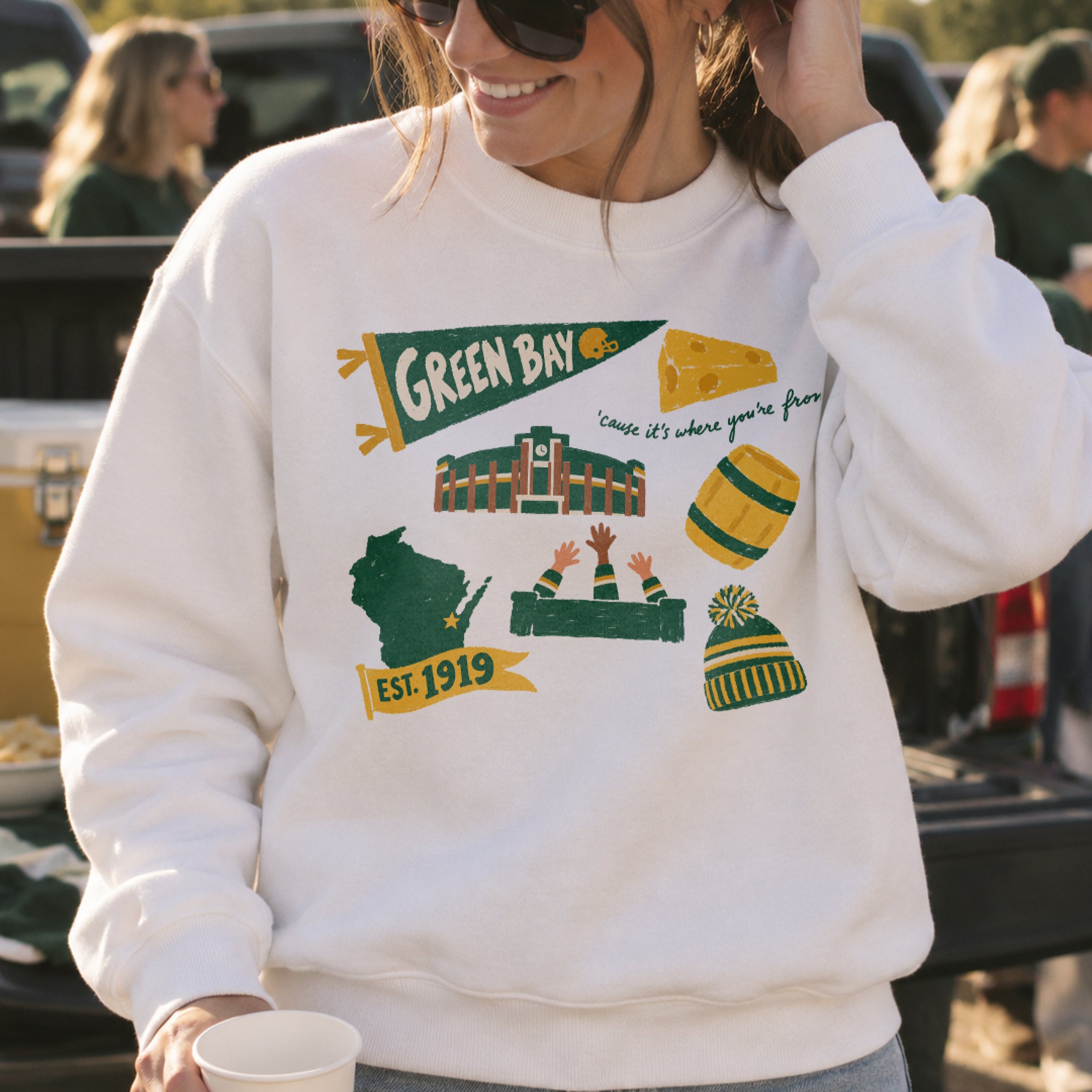 Green Bay Forever Crewneck in White, on model