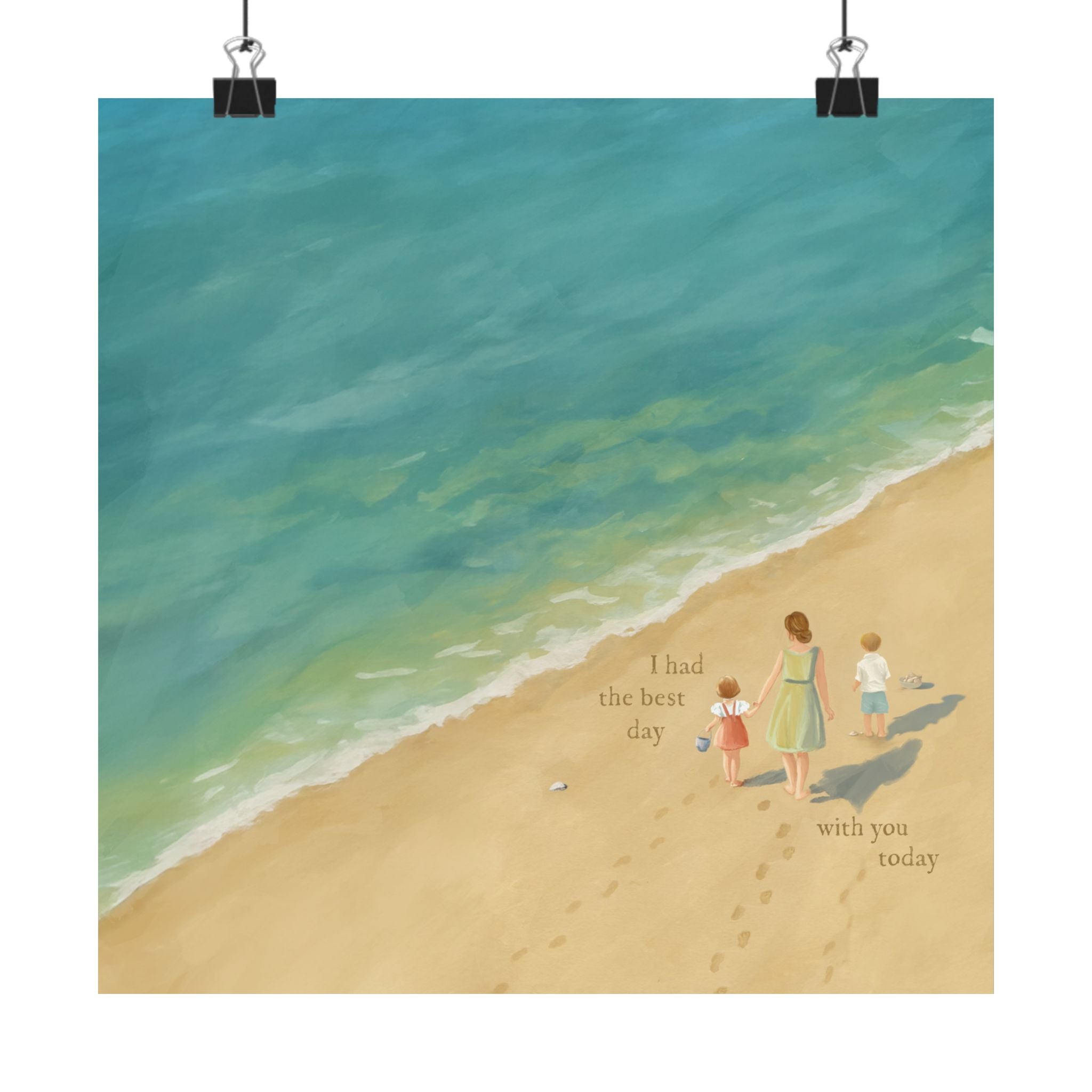 Best Day on the Beach – Brunette Mom, Son, and Daughter Print