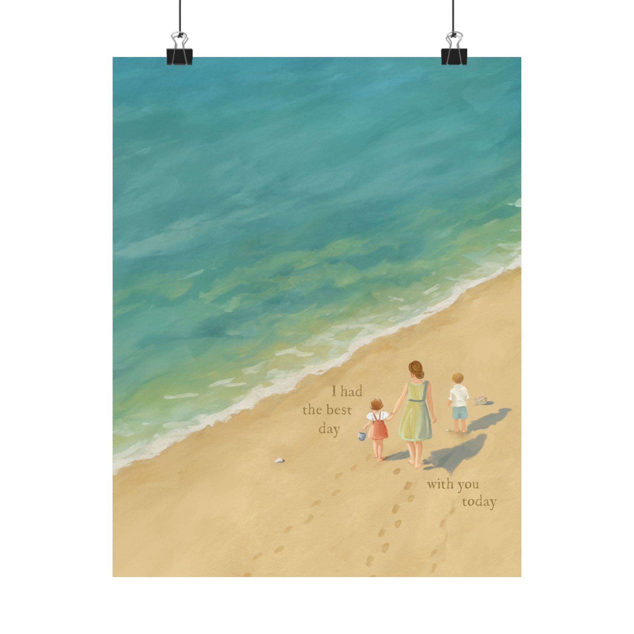 Best Day on the Beach – Brunette Mom, Son, and Daughter Print
