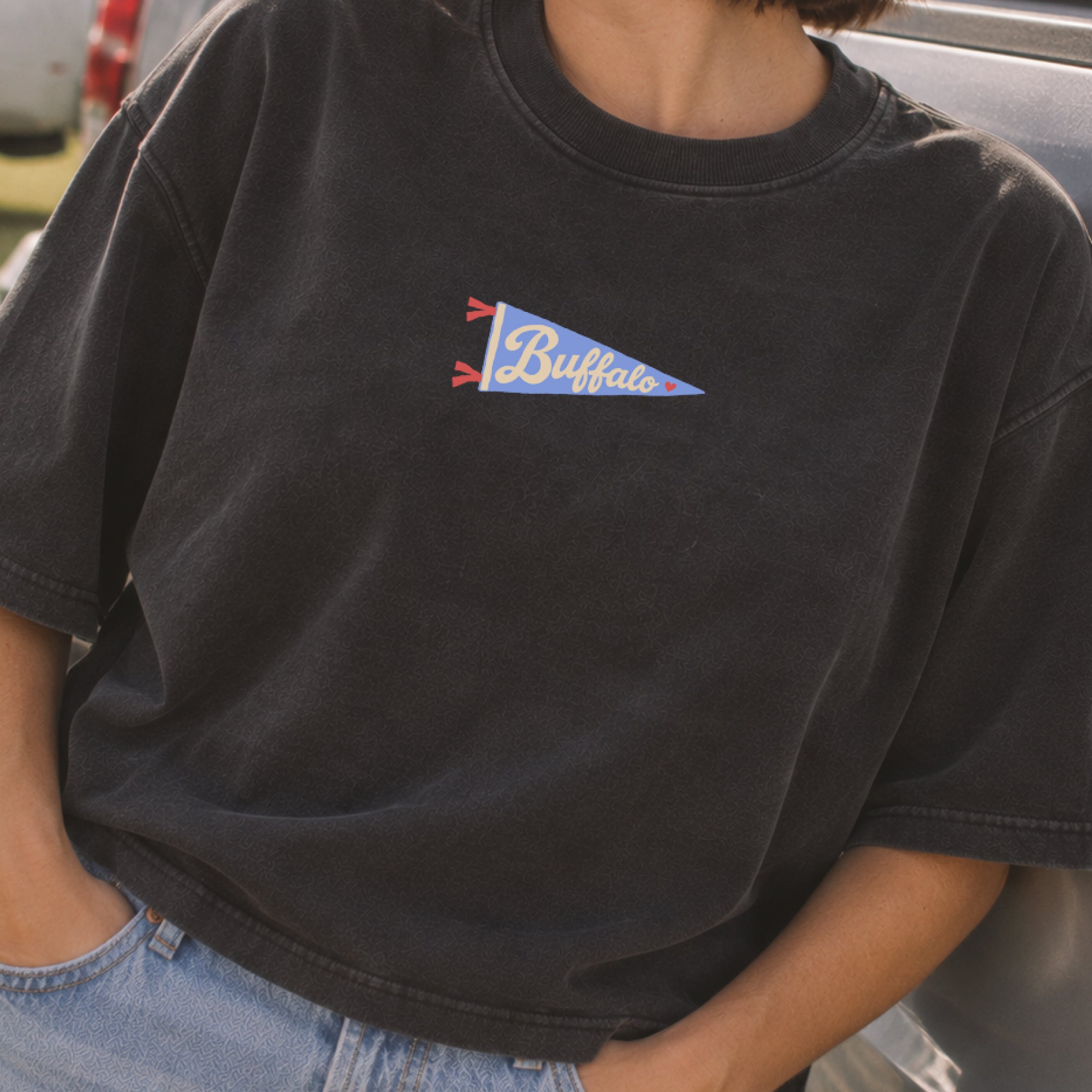 ’Tis the Damn Season Buffalo Boxy Tee in Pepper, front, on model