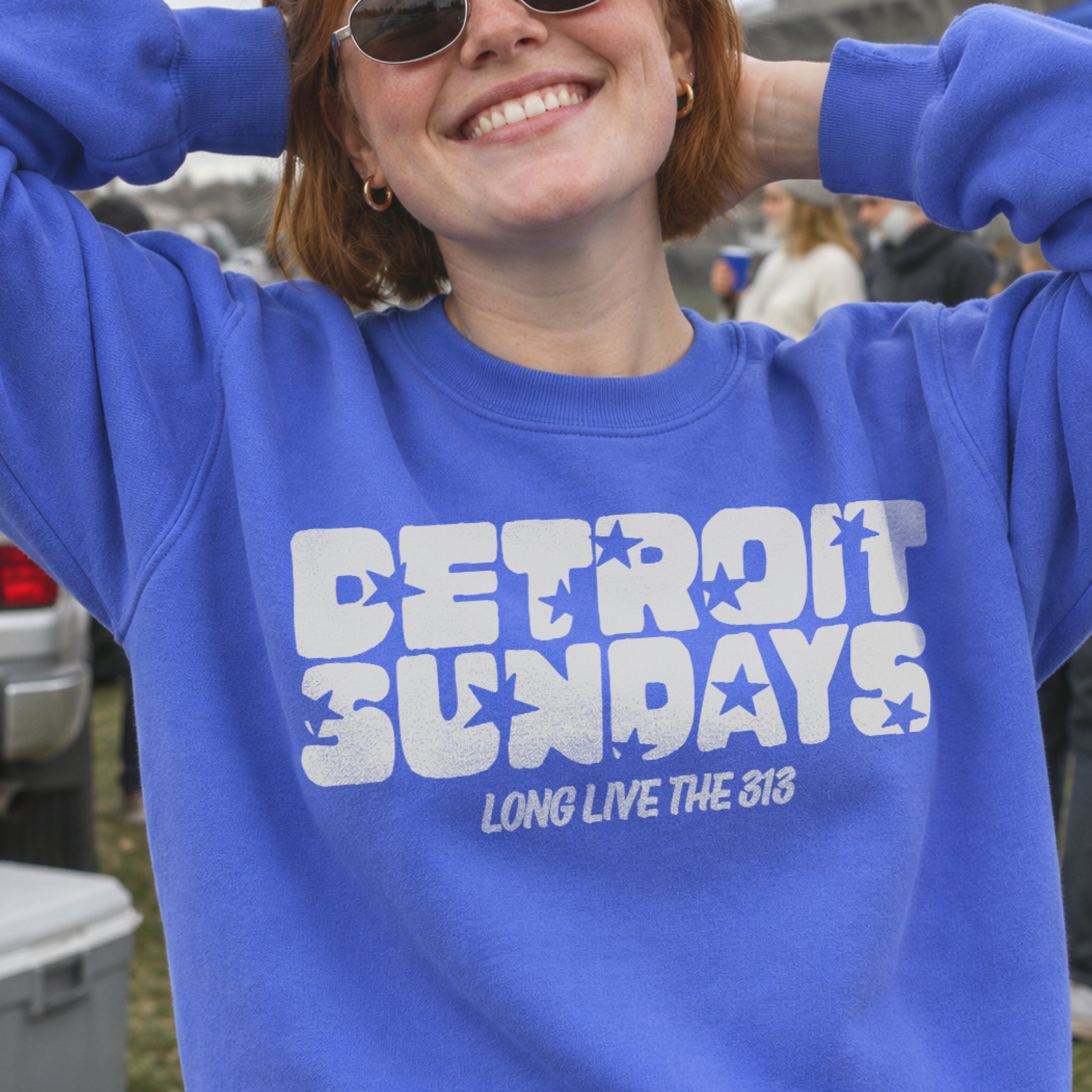 Detroit Sundays Crewneck in Flo Blue, on model