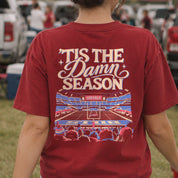 ’Tis the Damn Season Buffalo Tee in Red, back, on model