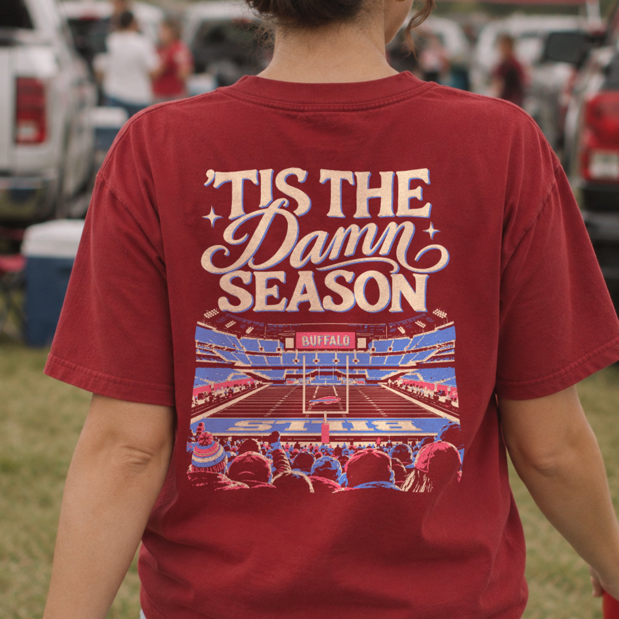 ’Tis the Damn Season Buffalo Tee in Red, back, on model