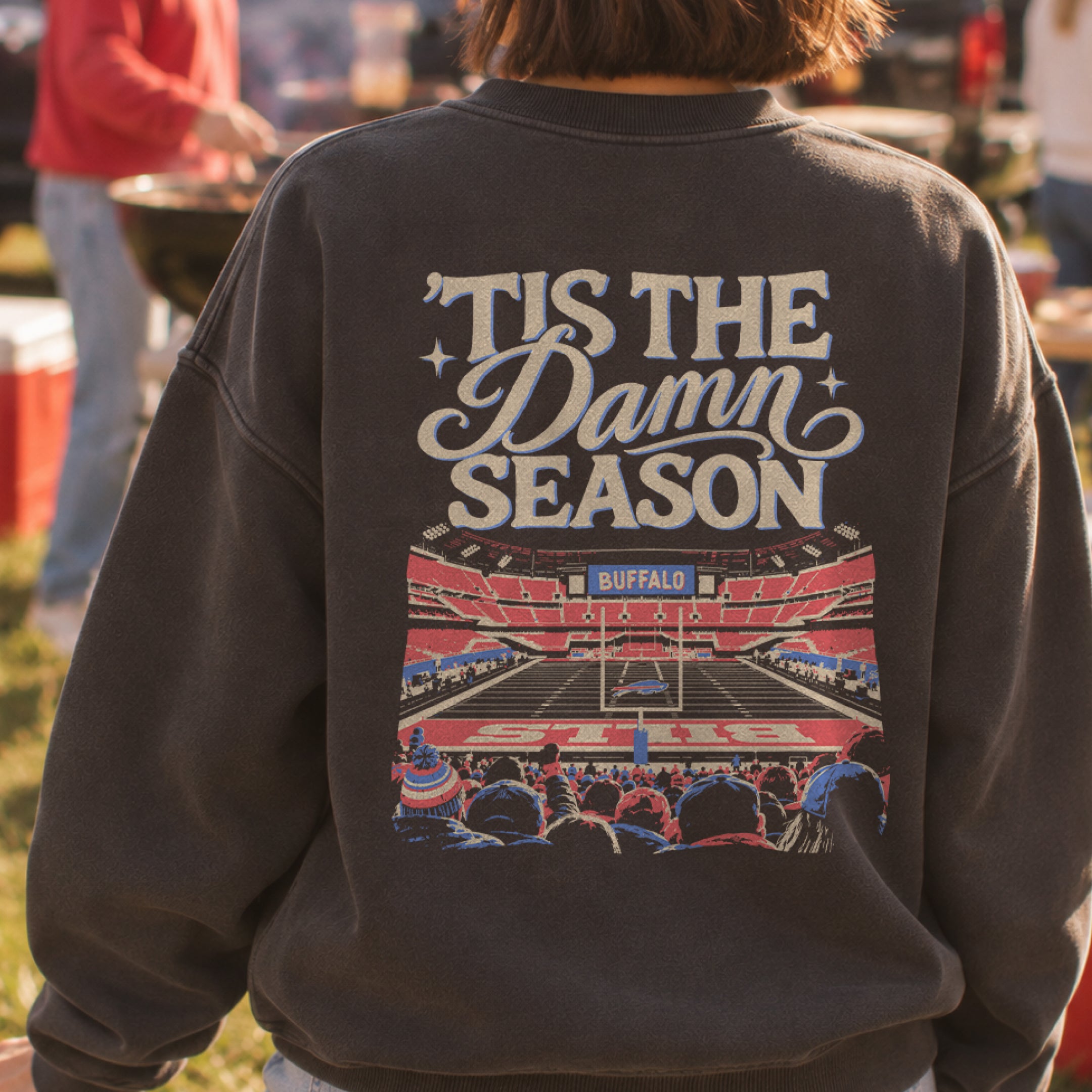 ’Tis the Damn Season Buffalo Crewneck in Pepper, back, on model