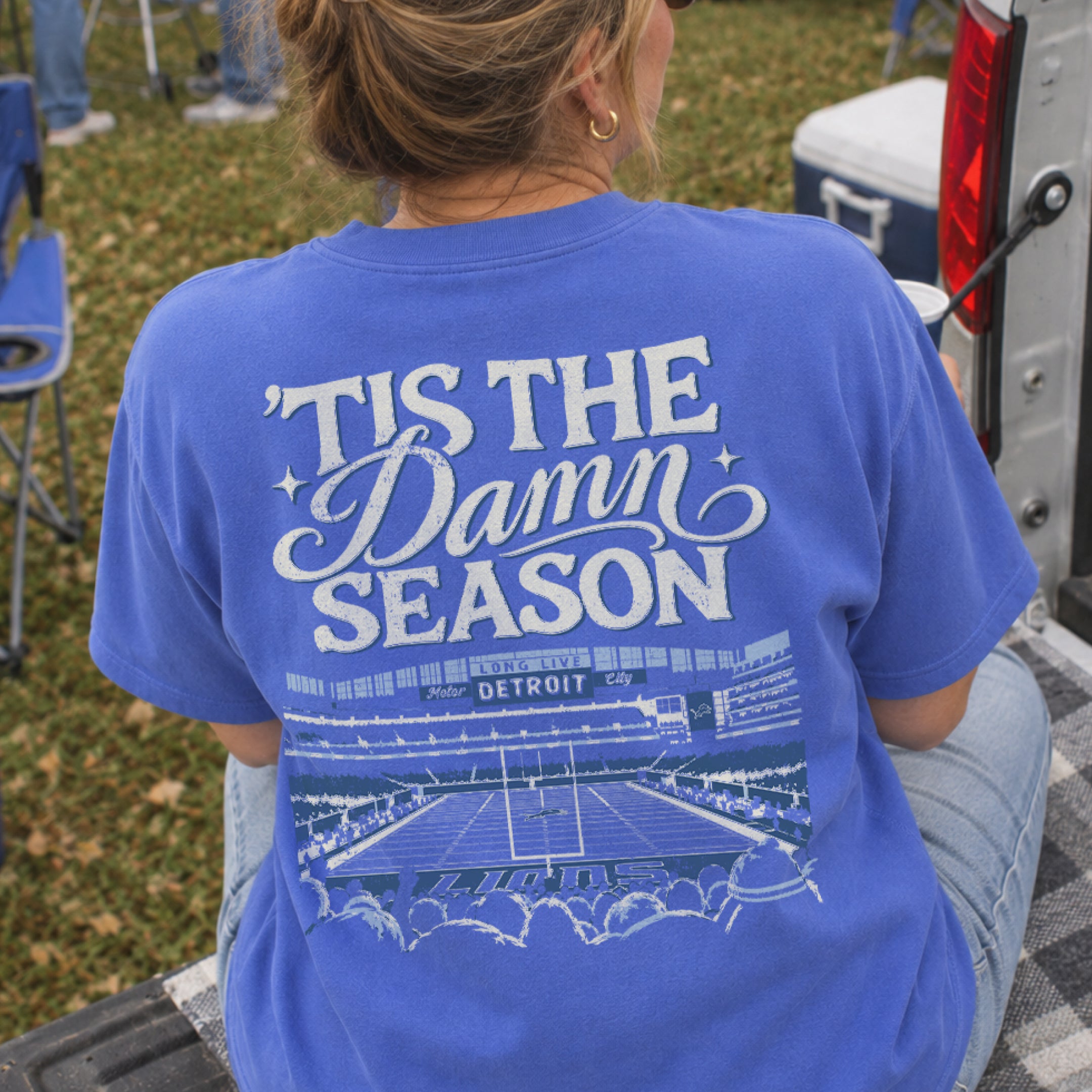 ’Tis the Damn Season Detroit Stadium Tee in Flo Blue, back, on model