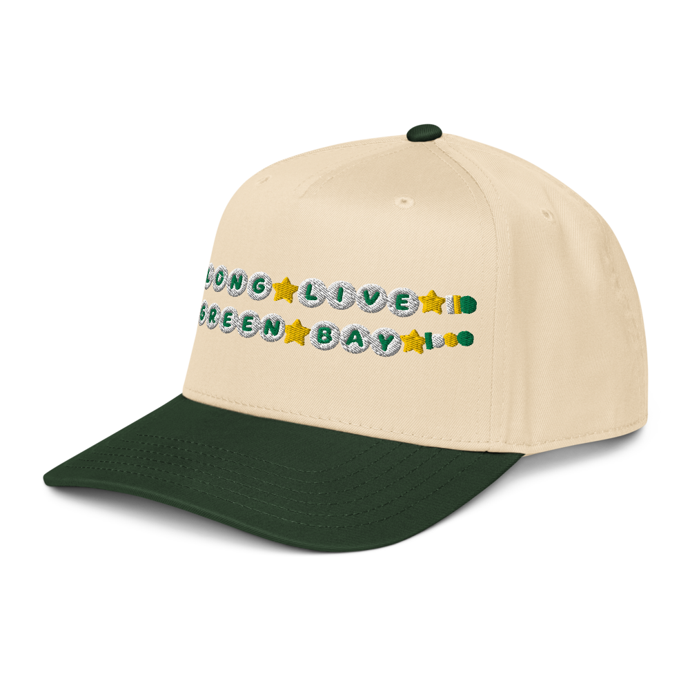 Long Live Green Bay Friendship Bracelet Trucker Hat in Dark Green/Natural, left side