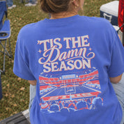 ’Tis the Damn Season Buffalo Tee in Flo Blue, back, on model