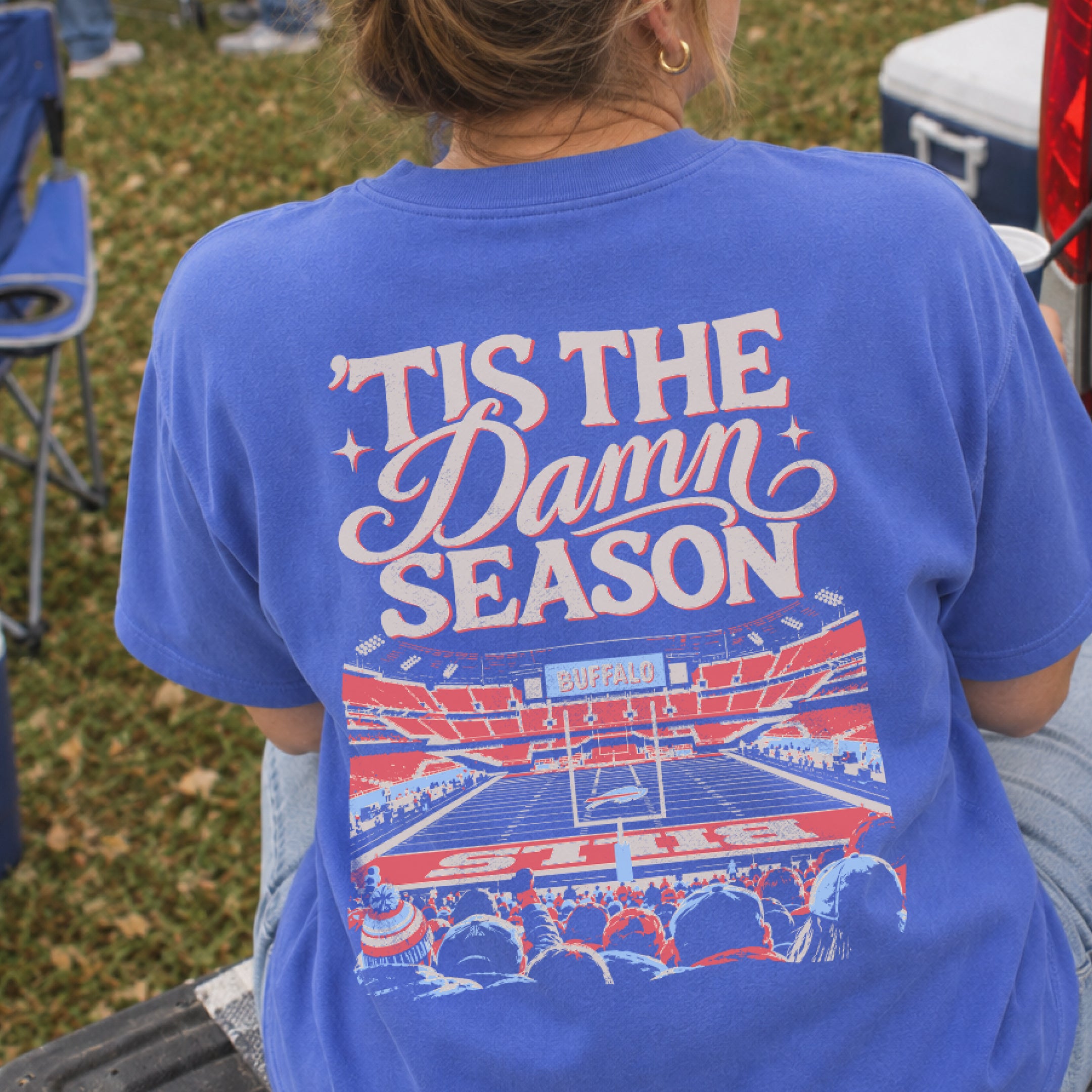 ’Tis the Damn Season Buffalo Tee in Flo Blue, back, on model