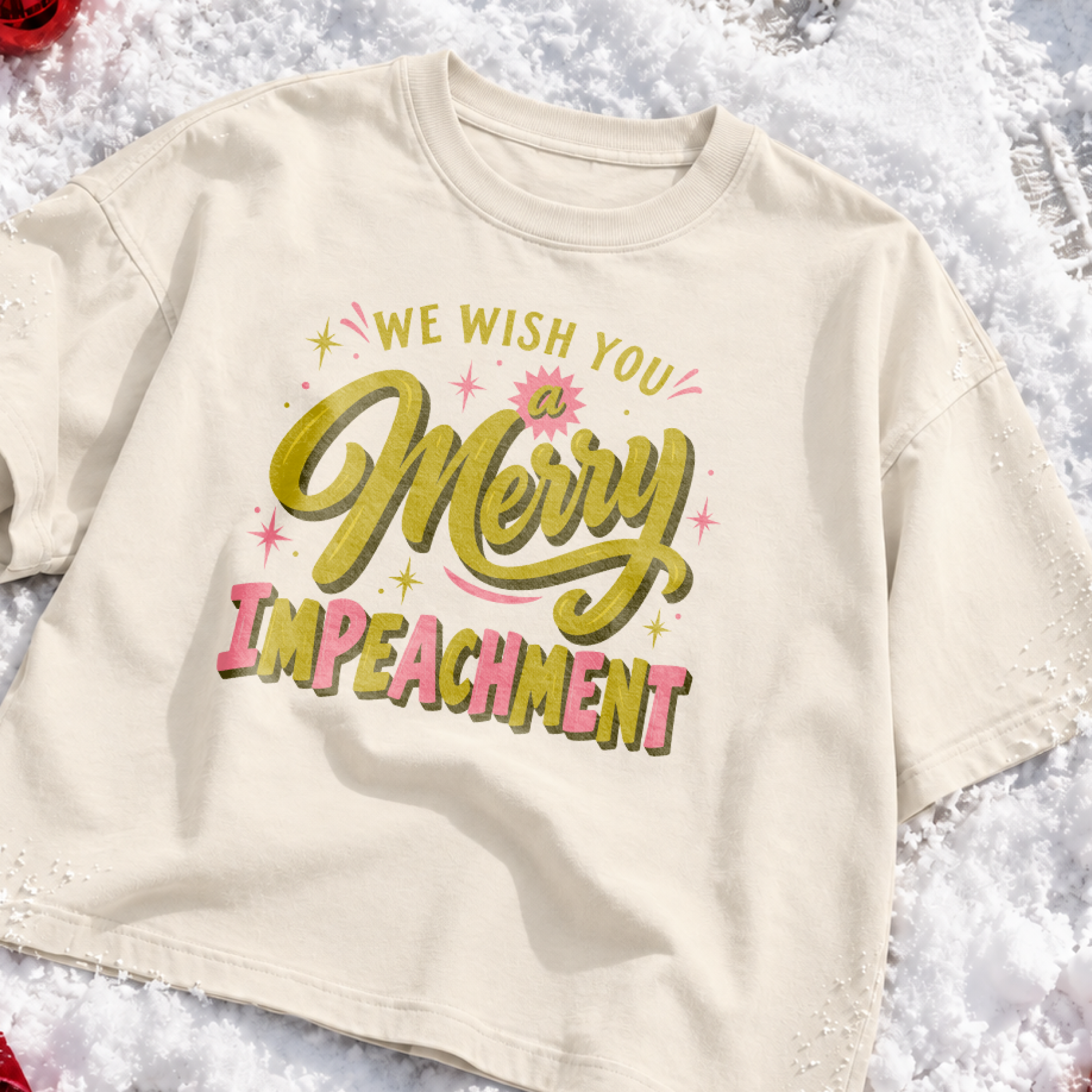 We Wish You a Merry Impeachment Boxy Tee in Ivory, on model