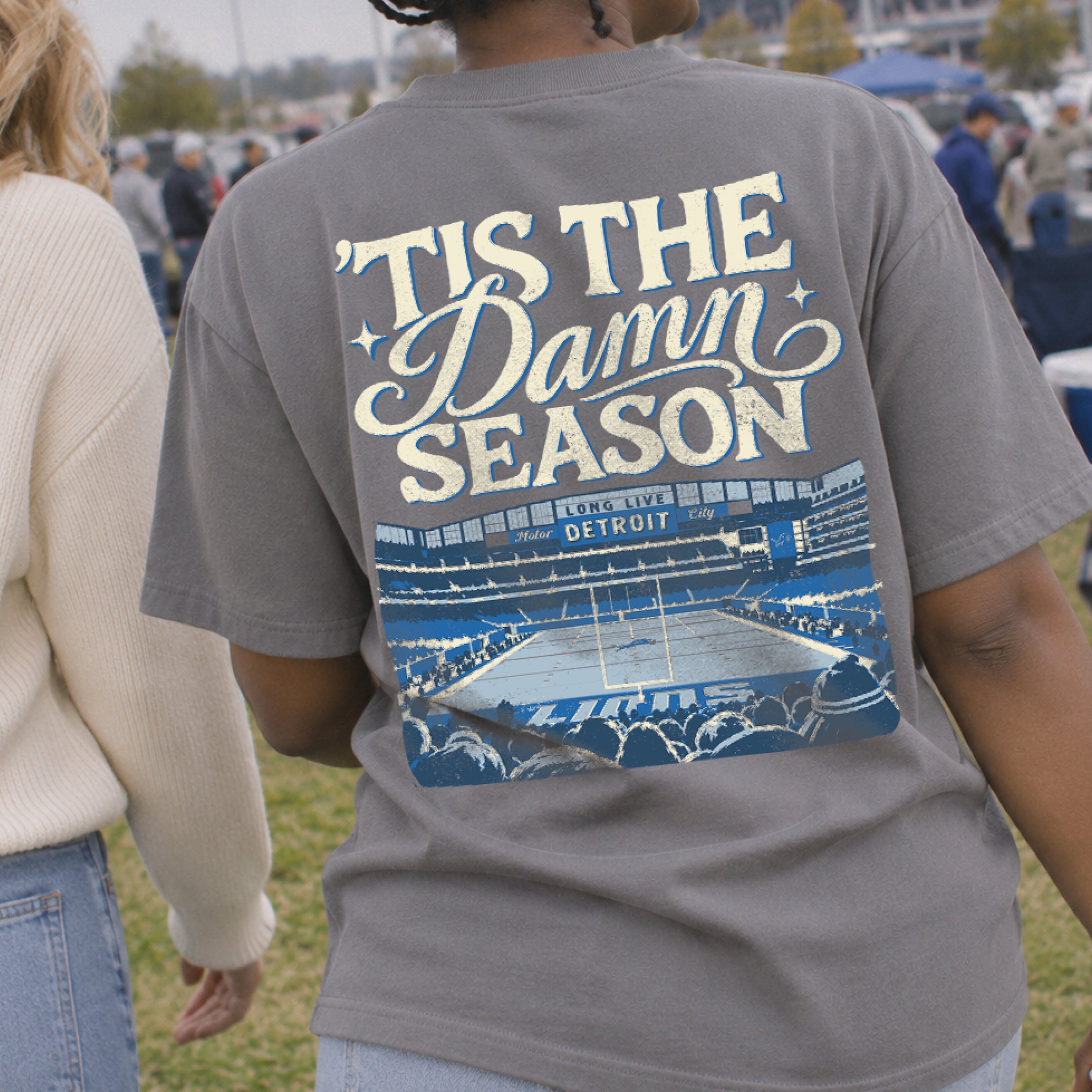 ’Tis the Damn Season Detroit Stadium Tee in Grey, back, on model
