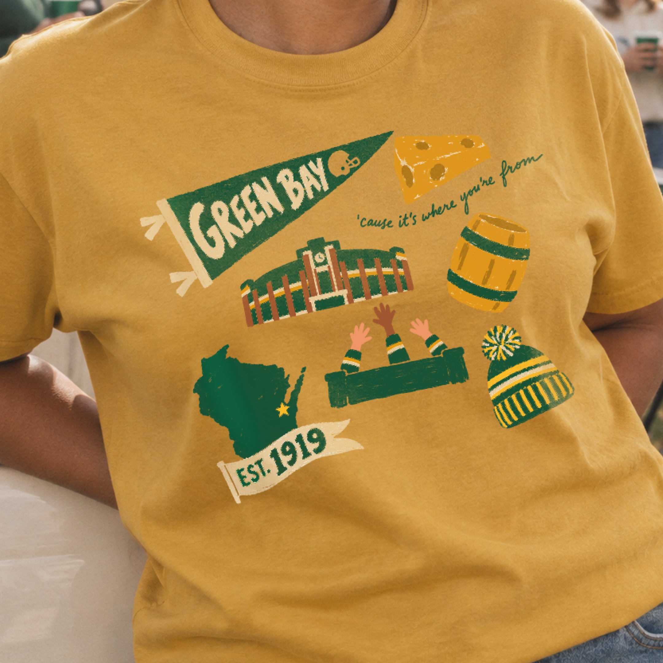 Green Bay Forever Tee in Mustard, on model