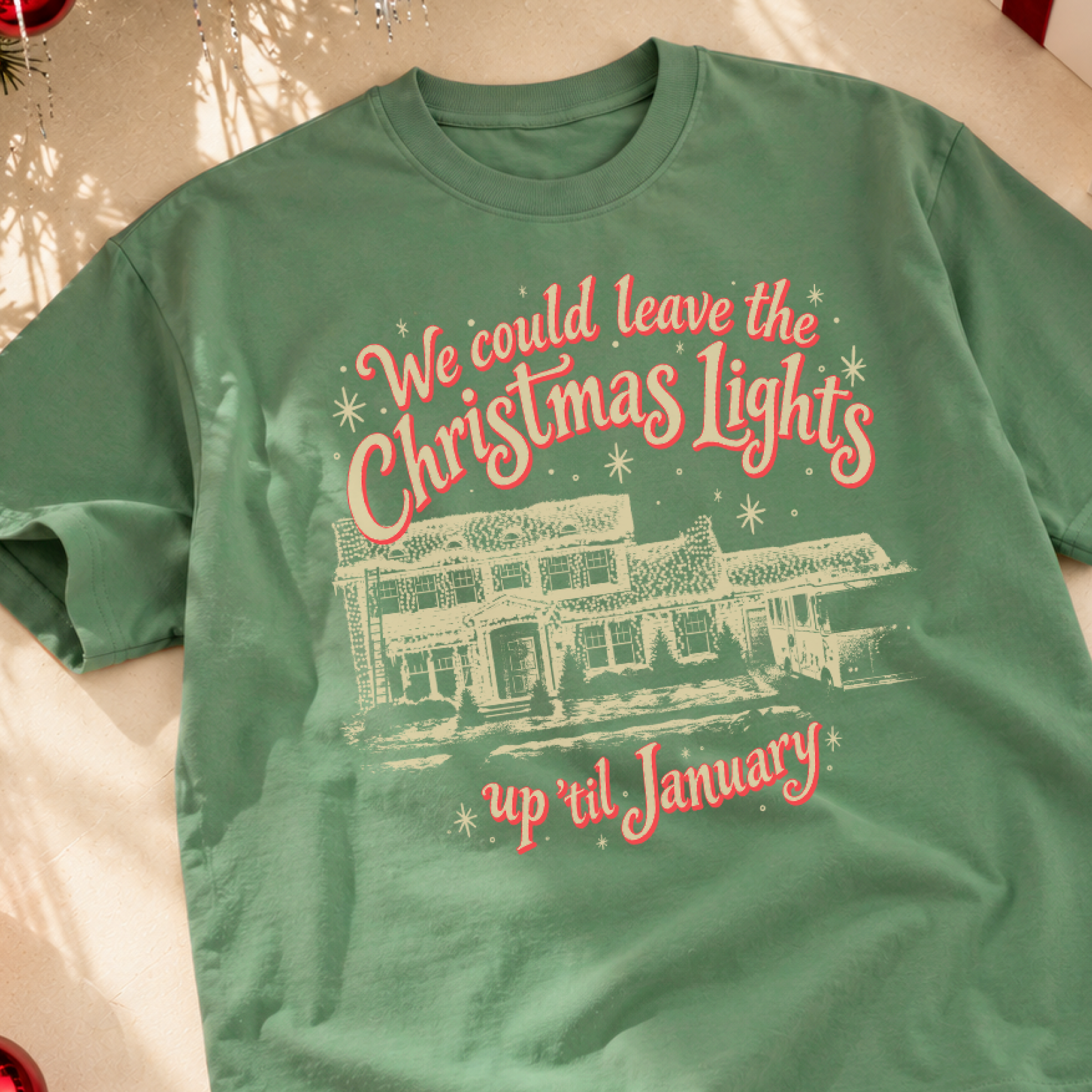 Christmas Lights 'Til January Tee in Light Green, styled
