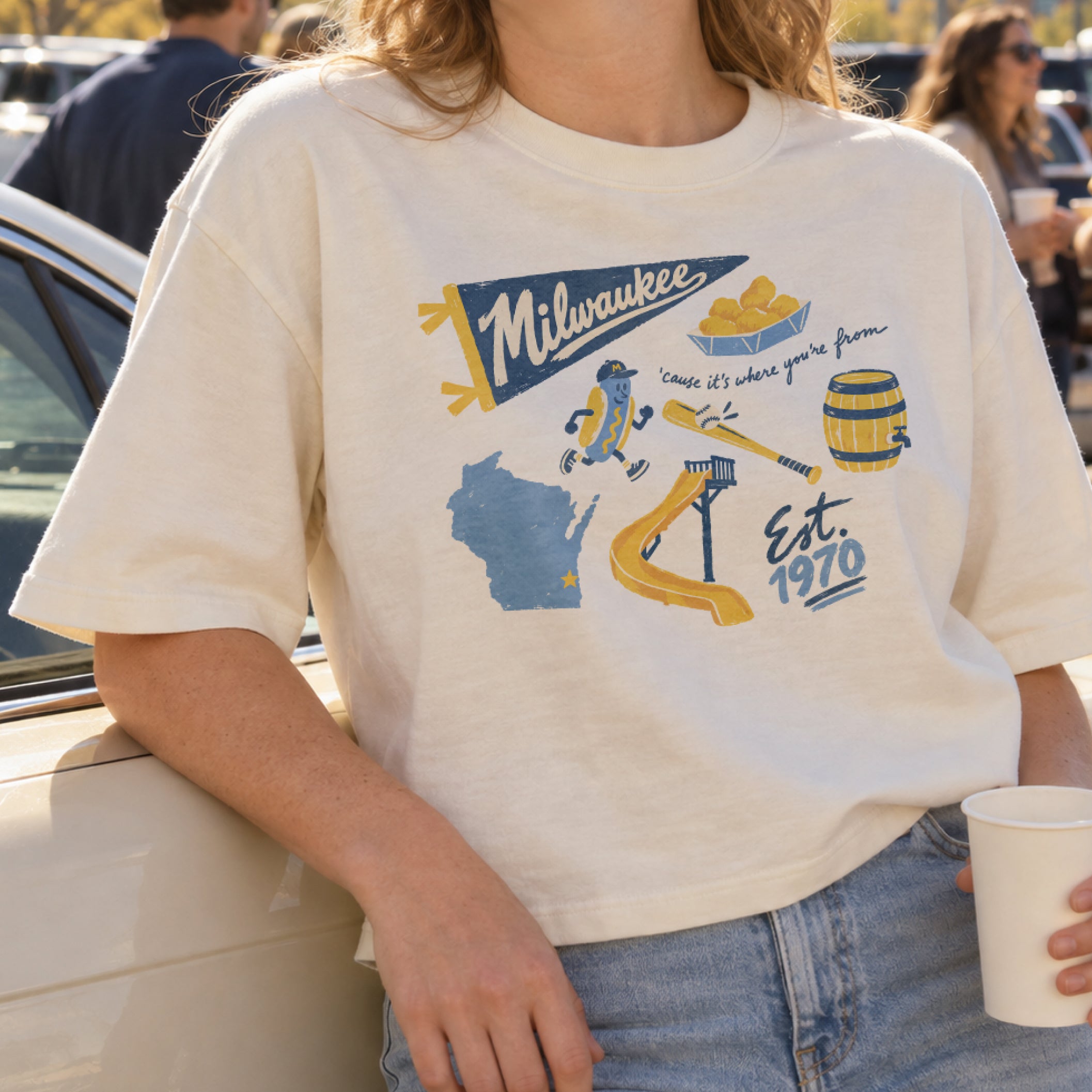 Milwaukee Forever Boxy Tee in Ivory, on model