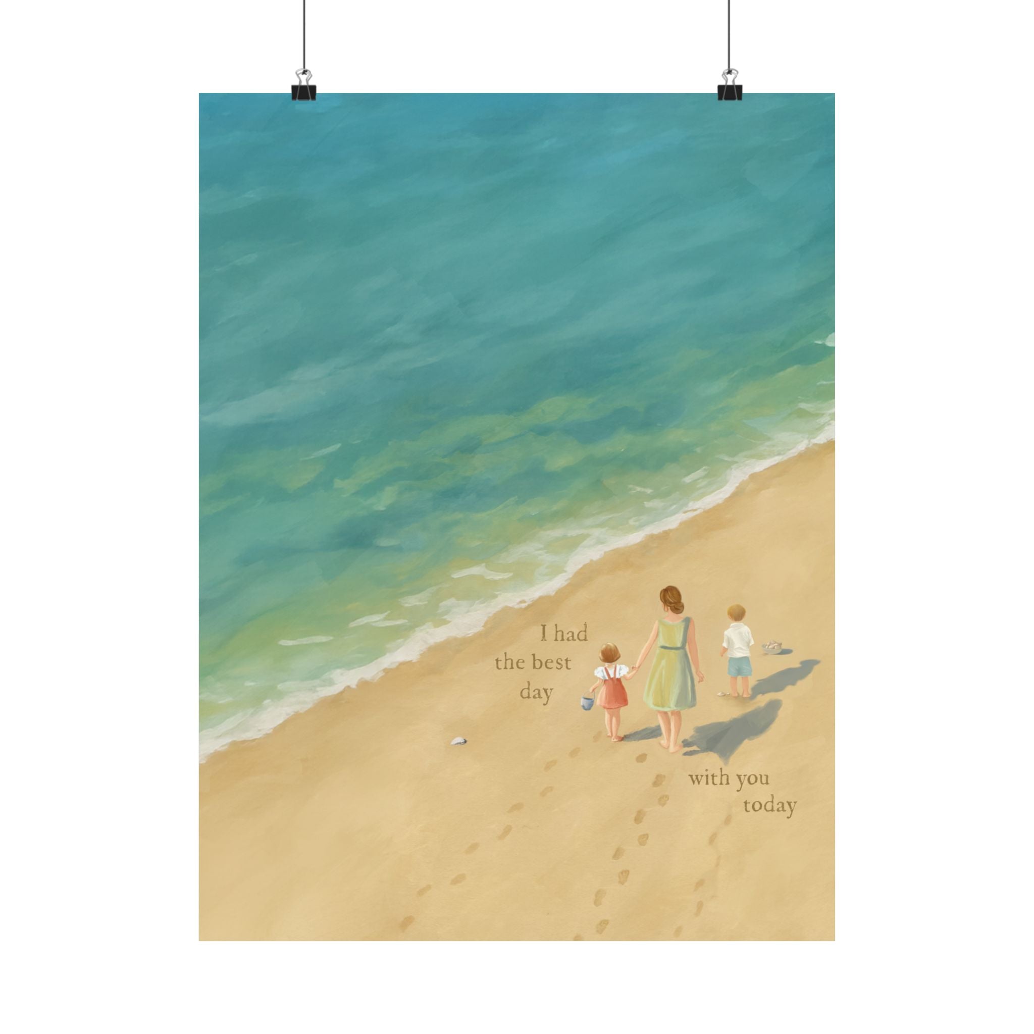 Best Day on the Beach – Brunette Mom, Son, and Daughter Print