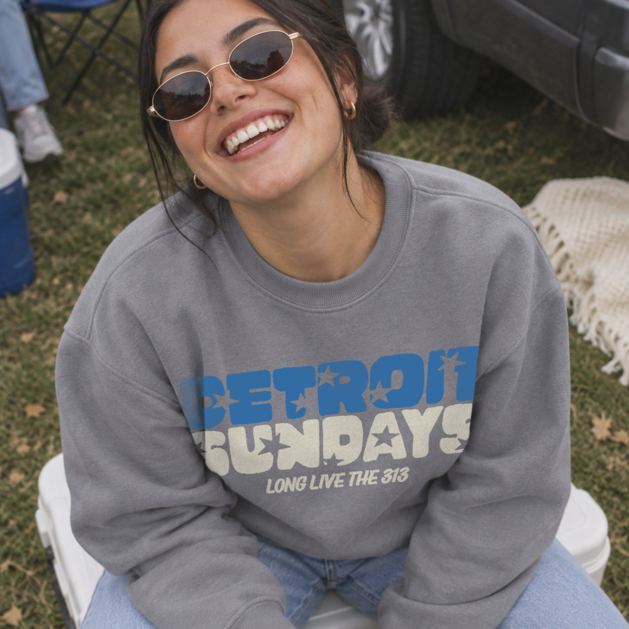 Detroit Sundays Crewneck in Grey, on model