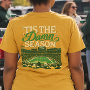 ’Tis the Damn Season Green Bay Tee in Mustard, on model, back