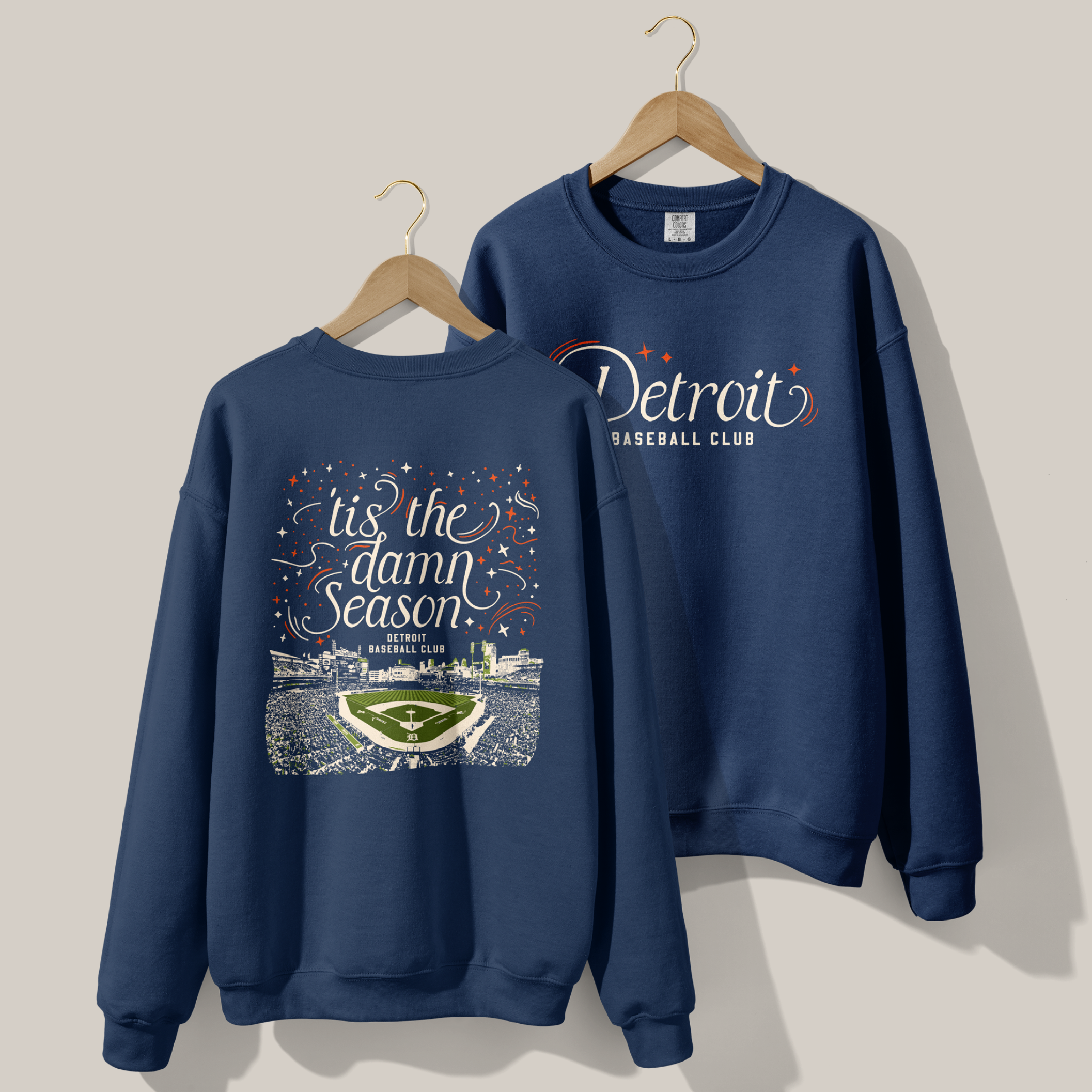 Detroit 'Tis the Damn Season Crewneck in True Navy, front and back