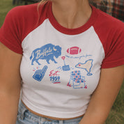 Buffalo Forever Raglan Baby Tee in White/Red, on model