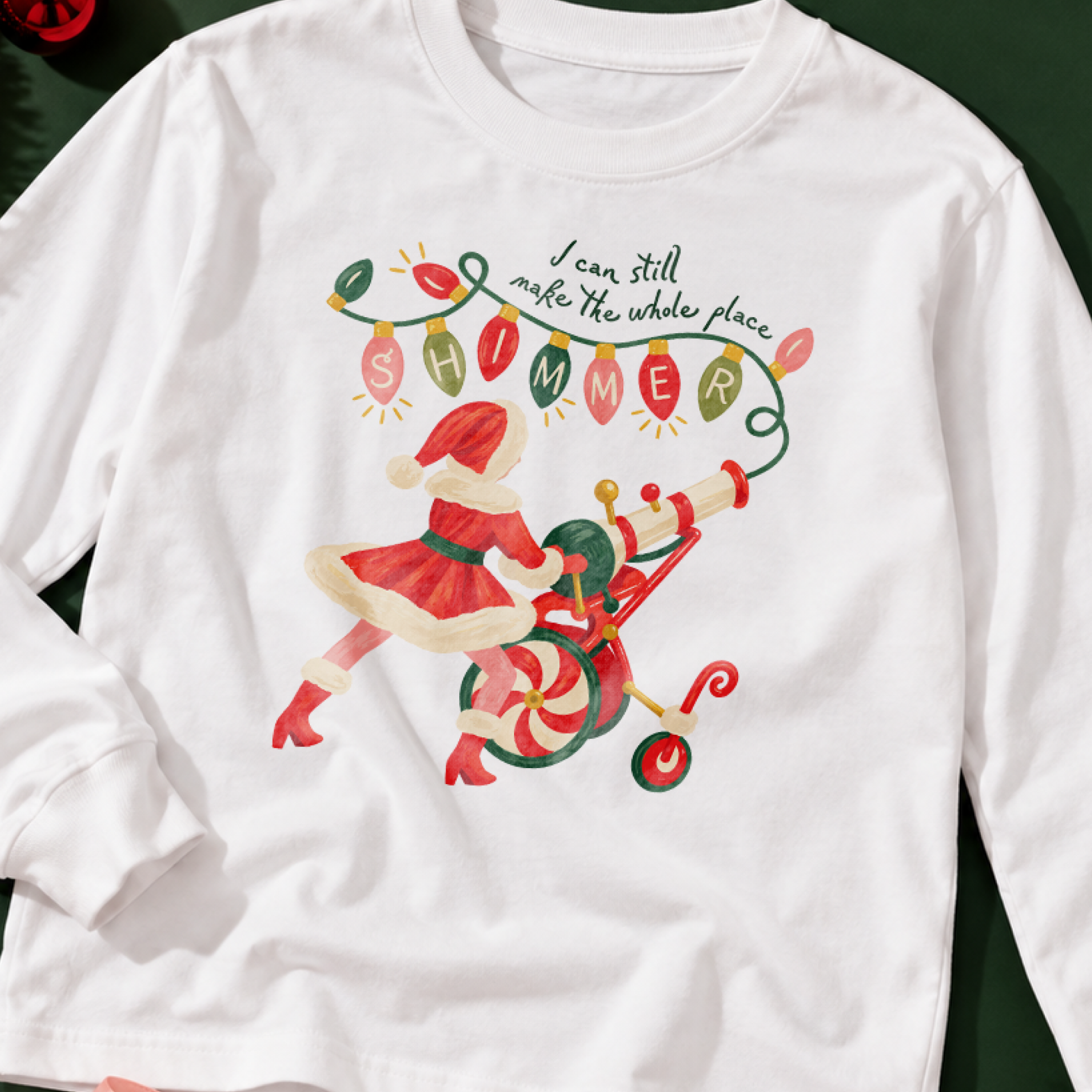 Shimmer Santa Long Sleeve Tee in White, on model
