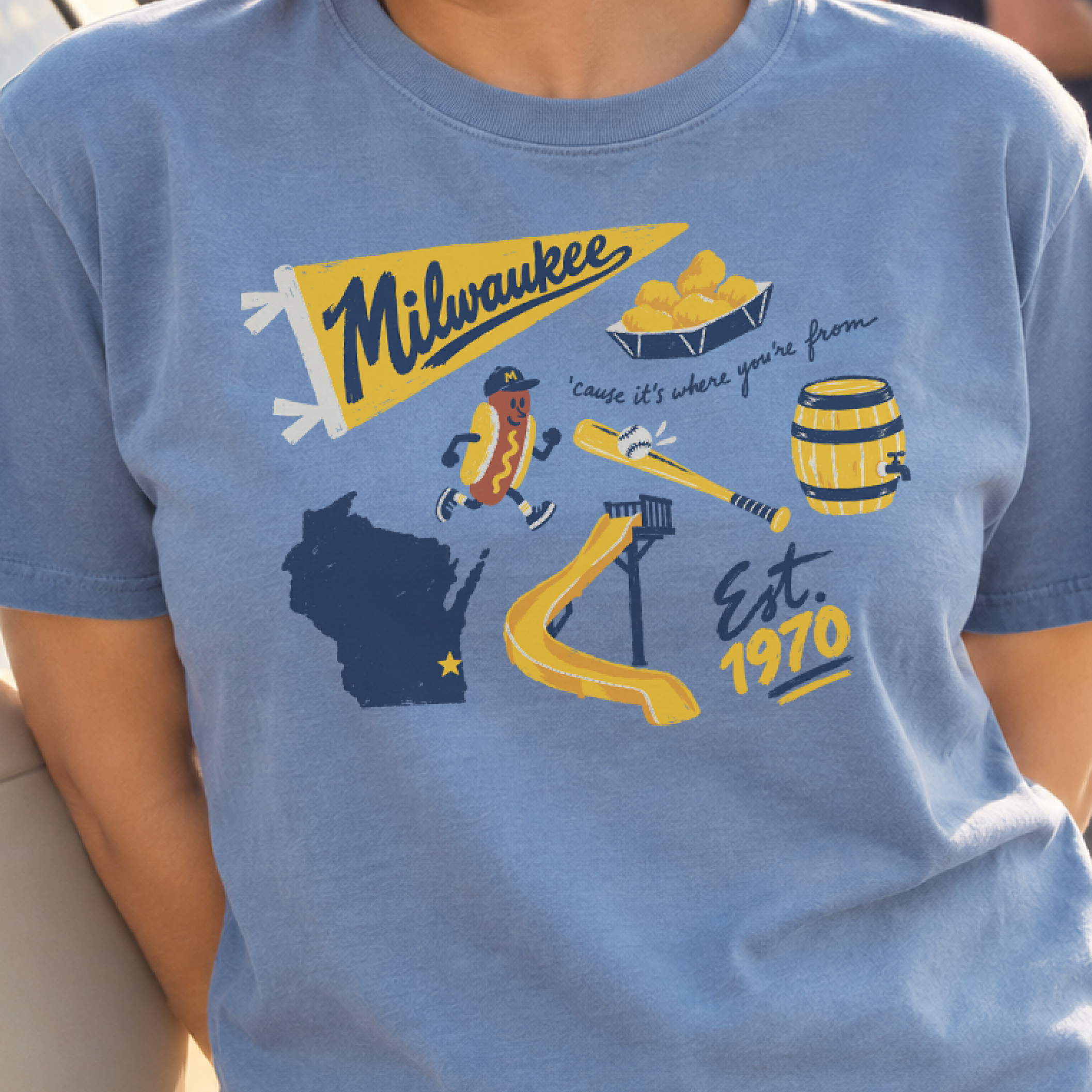 Milwaukee Forever Tee in Washed Denim, on model