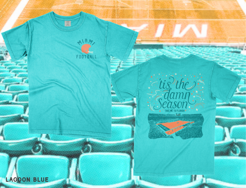 Miami Football 'Tis the Season Hard Rock Stadium Tee in Lagoon Blue