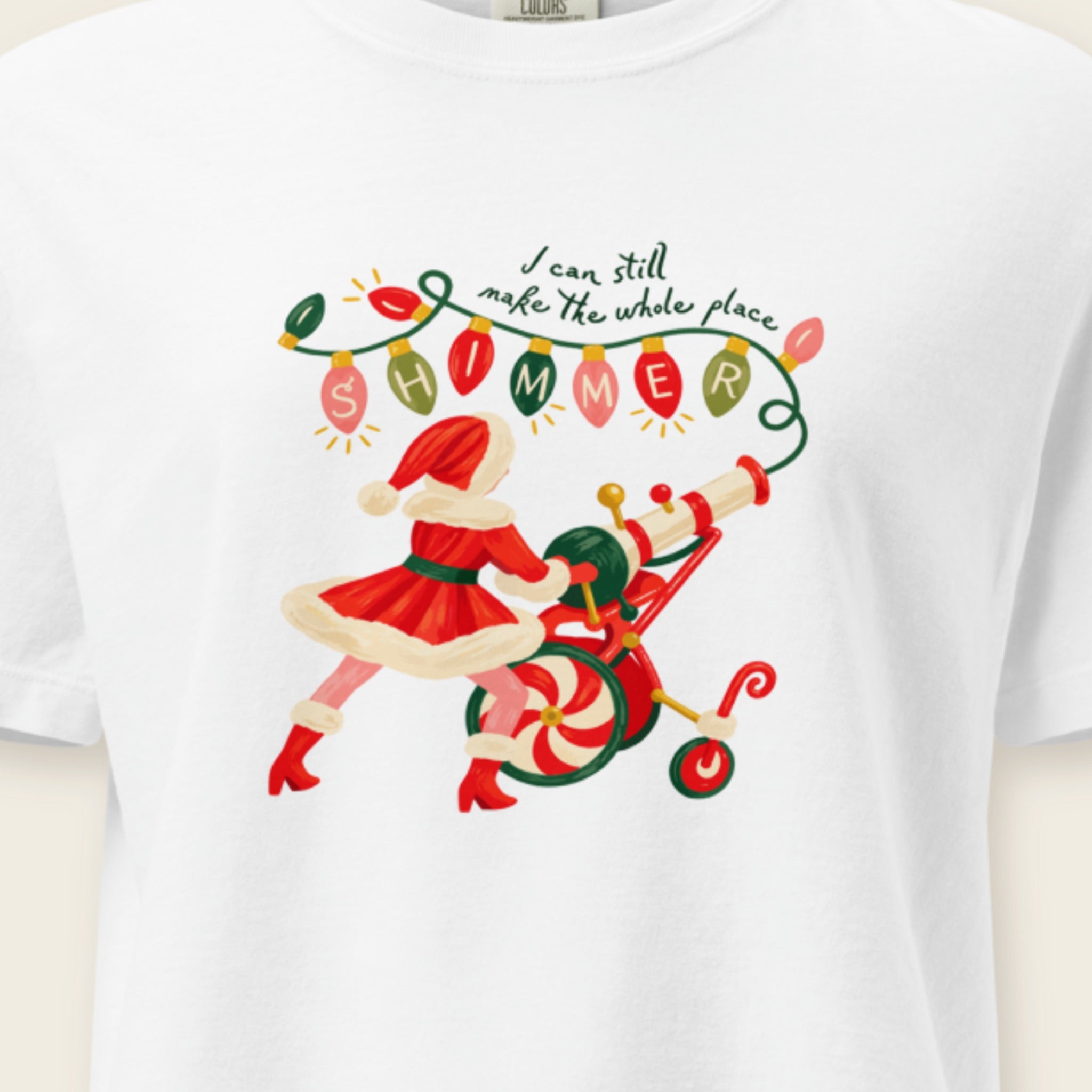 Shimmer Santa Boxy Tee print close-up