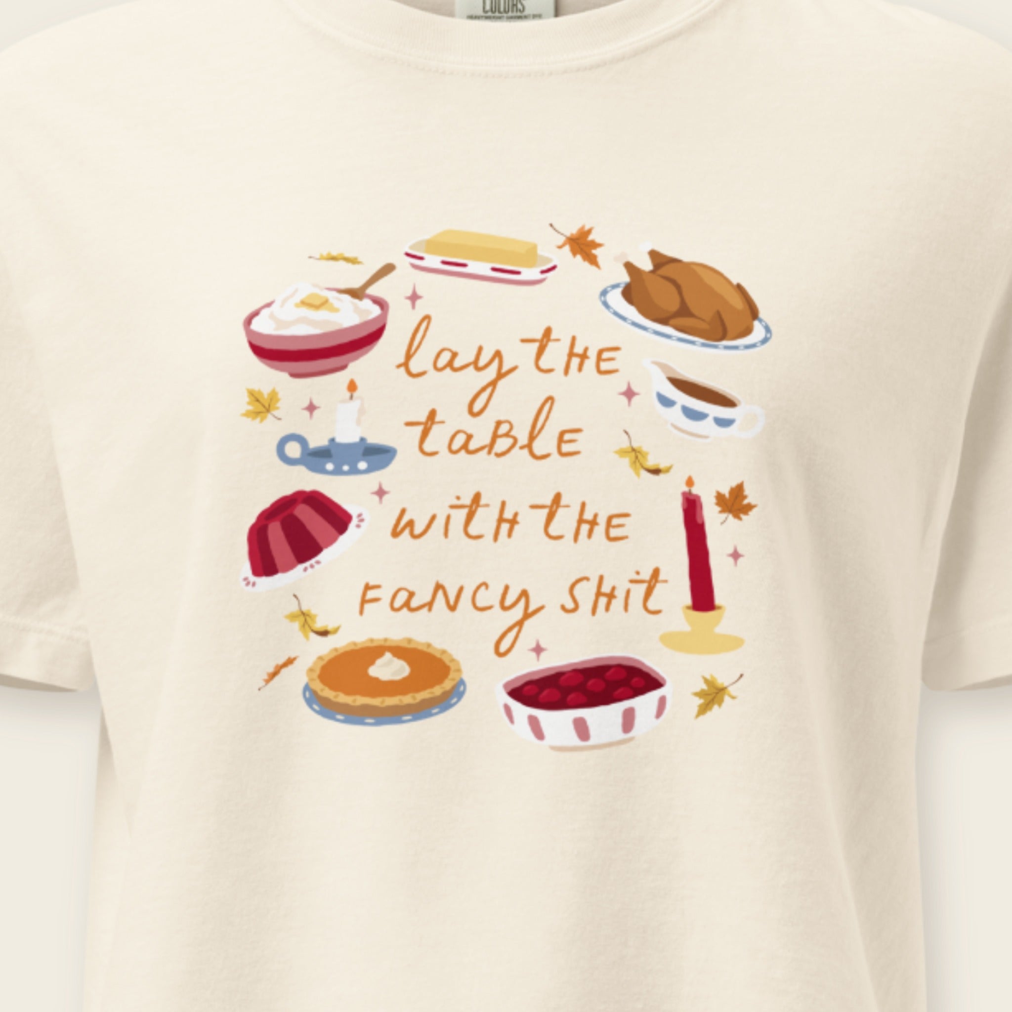 Lay the Table Thanksgiving Boxy Tee print close-up