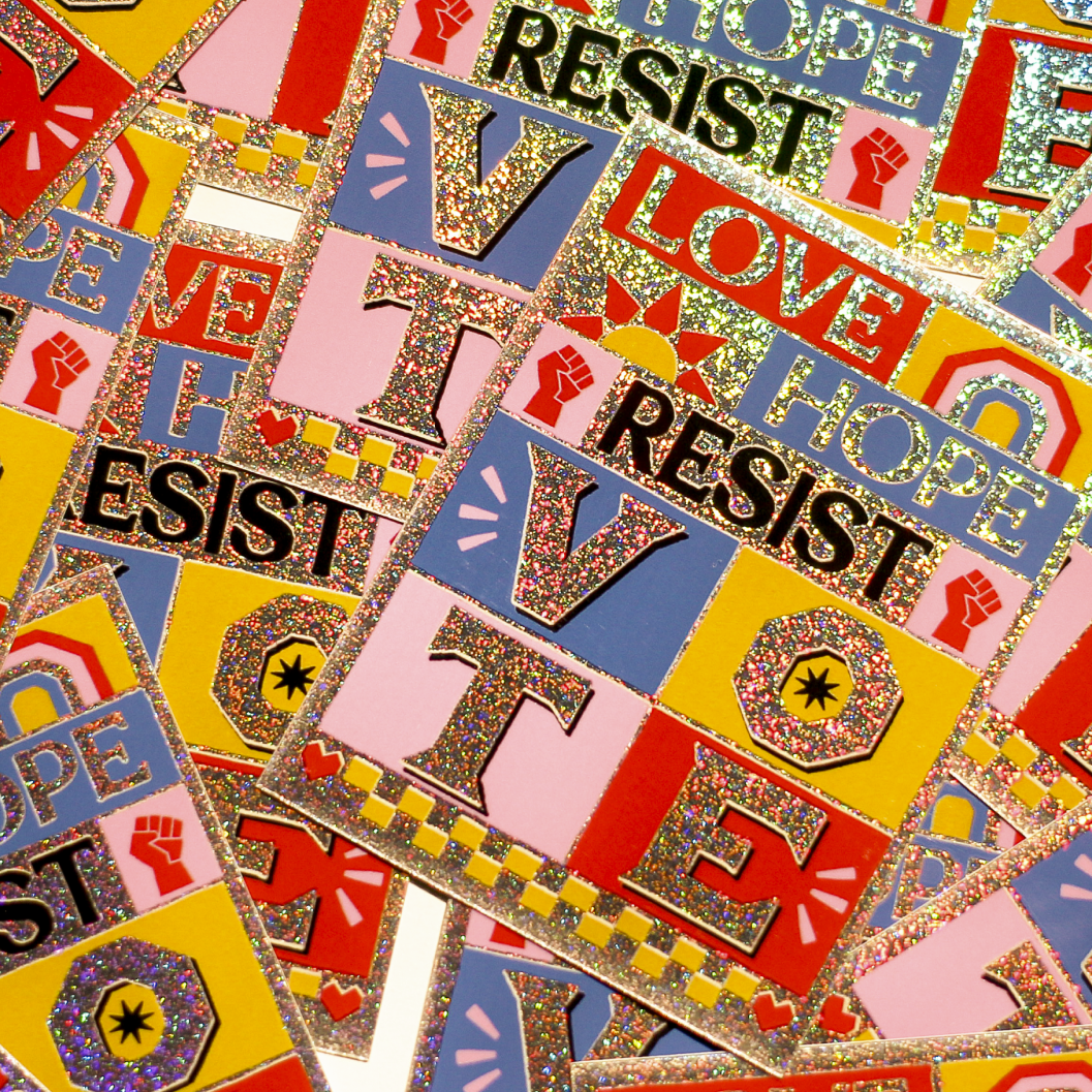 Love, Hope, Resist, and Vote Glitter Sticker