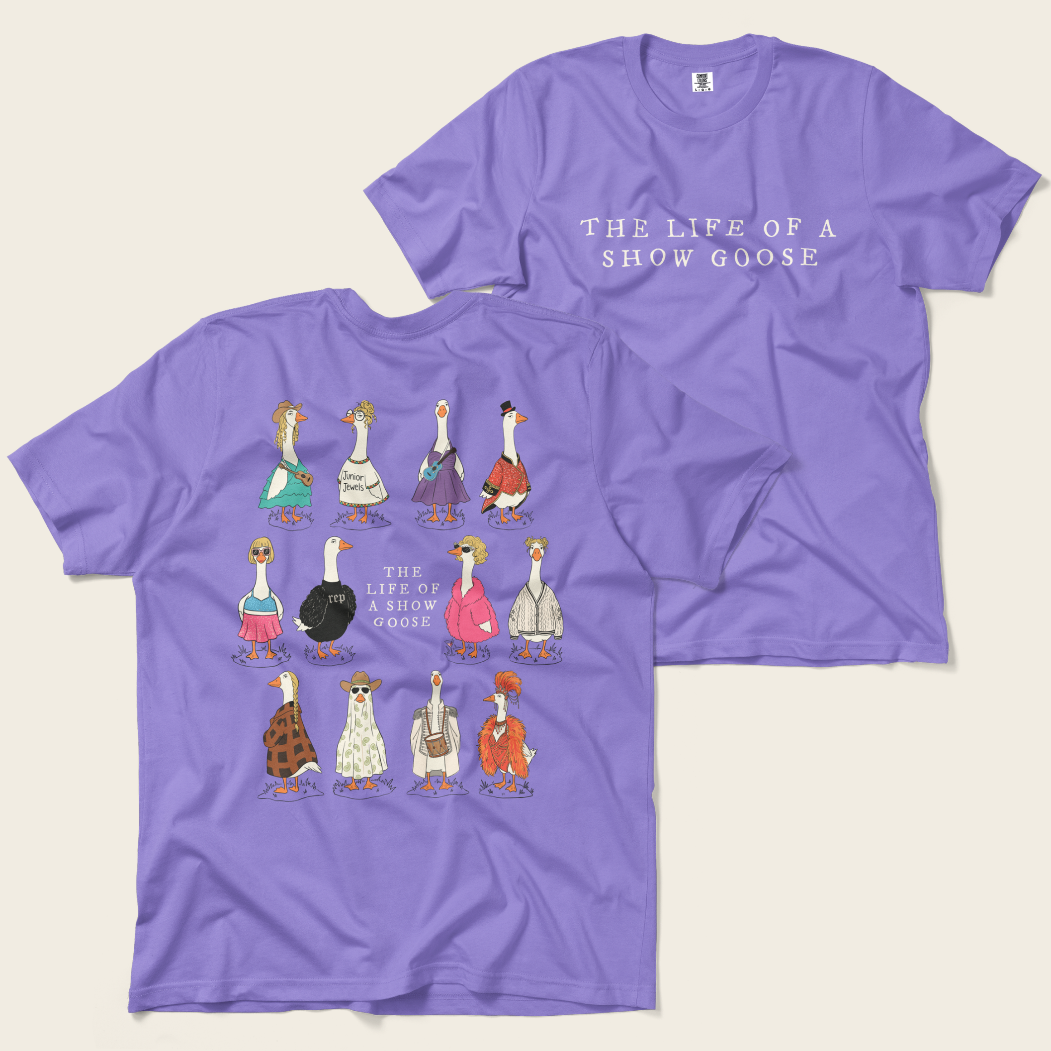 The Life of a Show Goose Tee in Violet, front and back