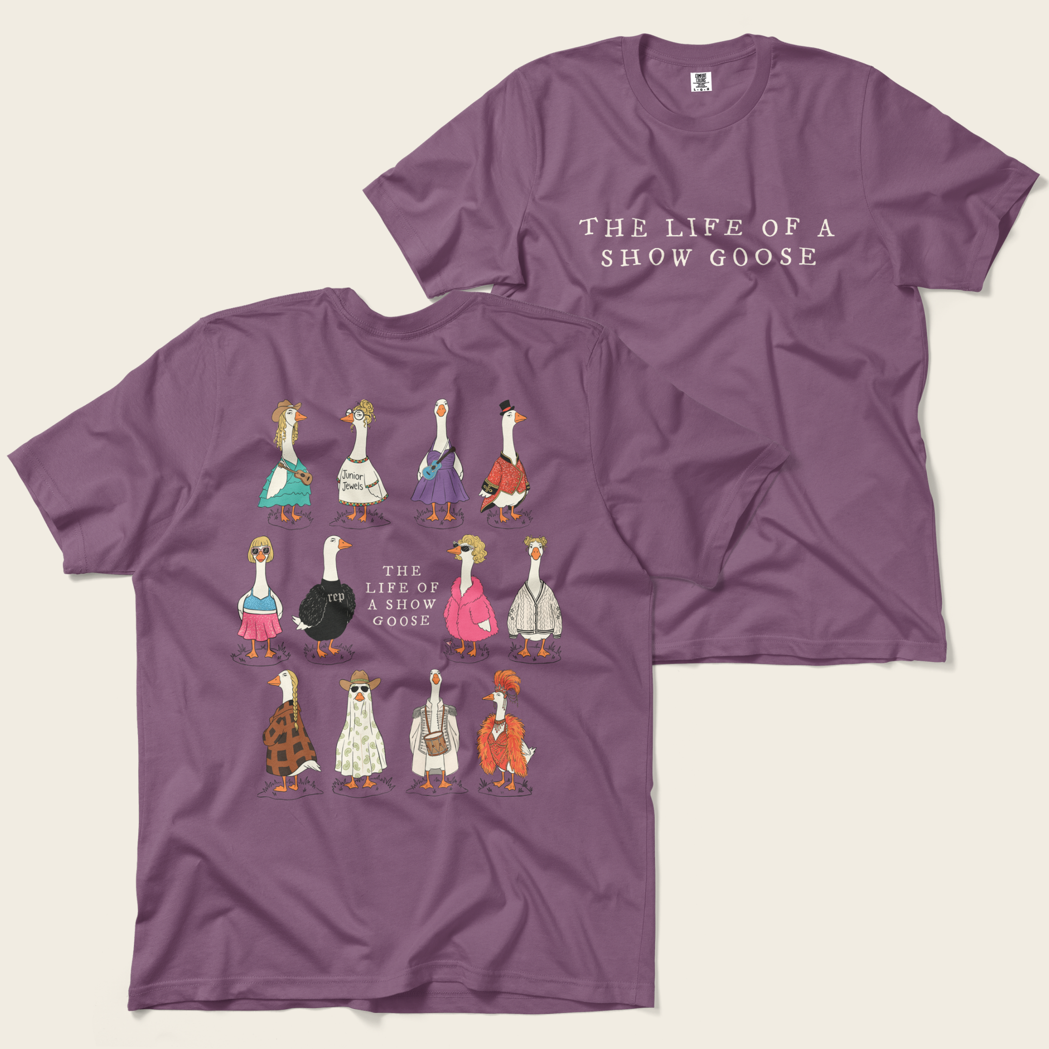 The Life of a Show Goose Tee in Berry, front and back