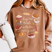 Lay the Table Thanksgiving Crewneck in Espresso, on model