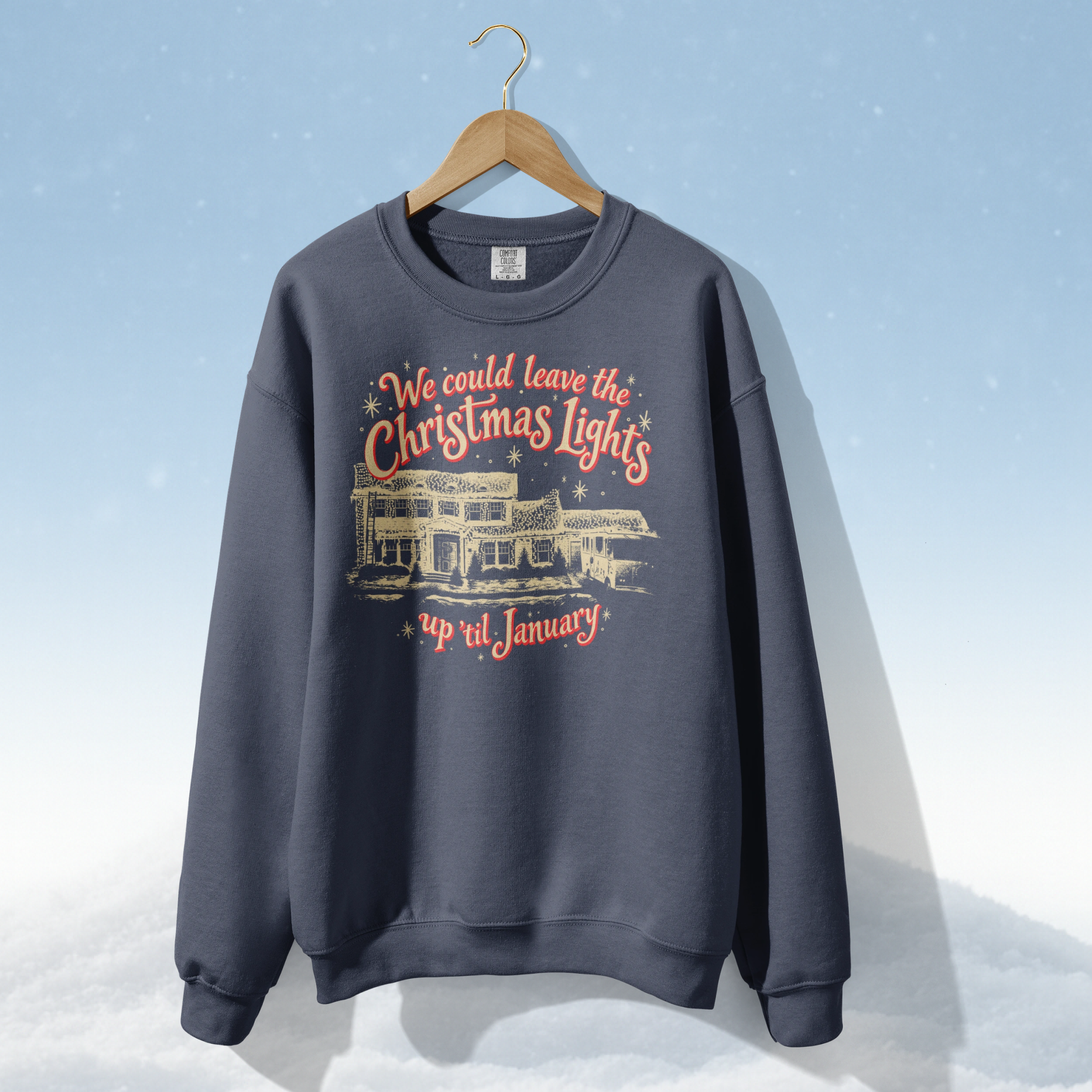 Christmas Lights 'Til January Crewneck in Denim