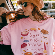 Lay the Table Thanksgiving Tee in Blossom, on model