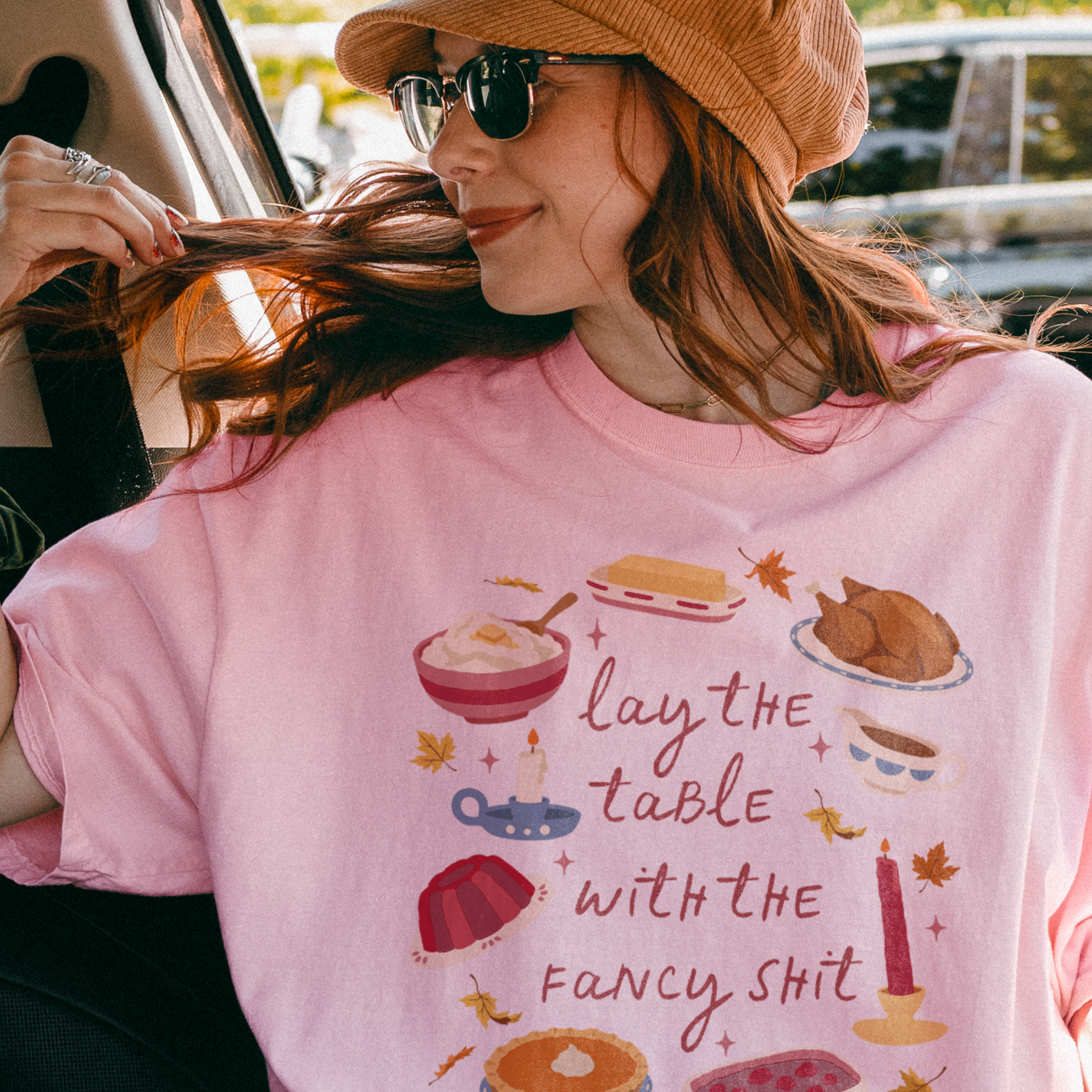 Lay the Table Thanksgiving Tee in Blossom, on model