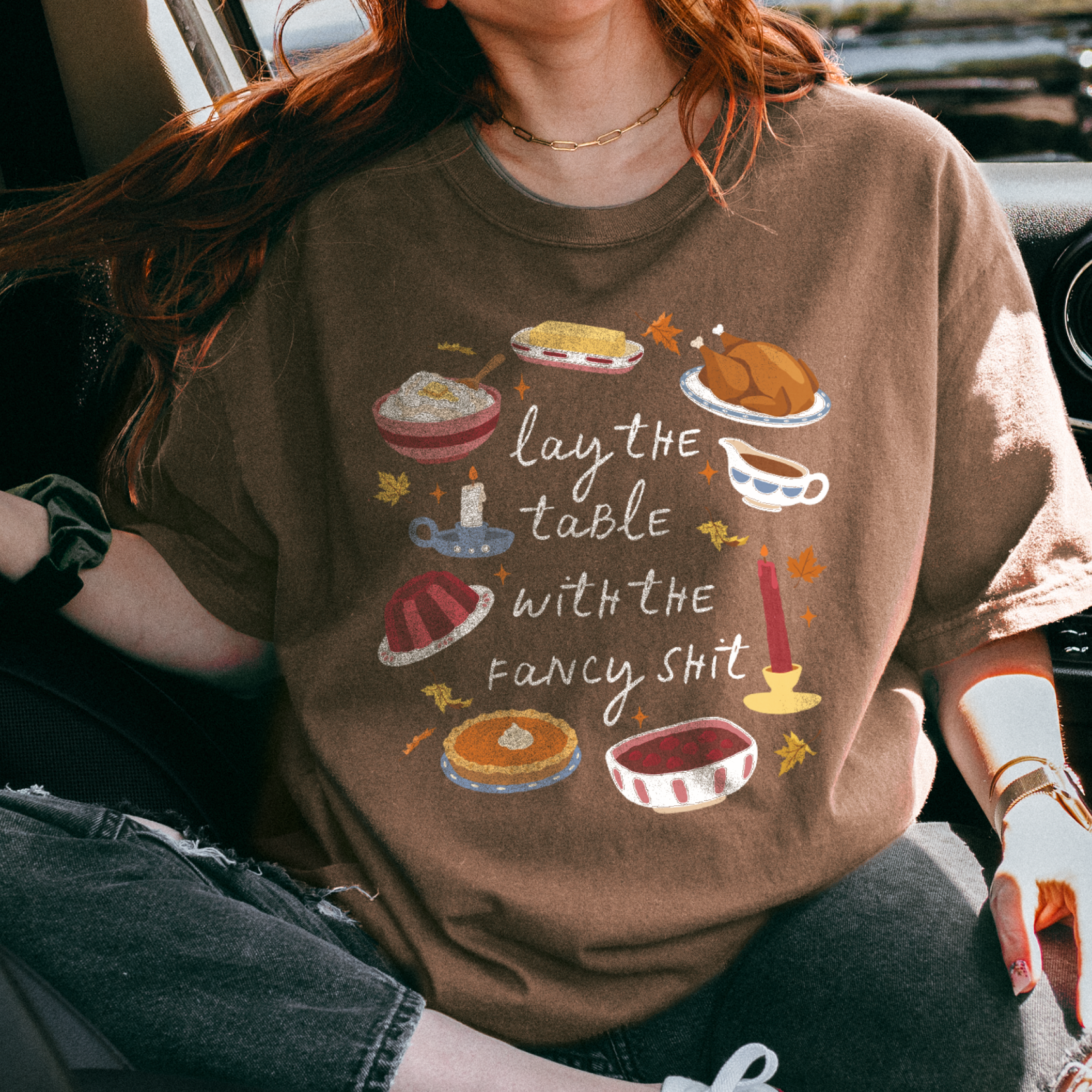 Lay the Table Thanksgiving Tee in Espresso, on model