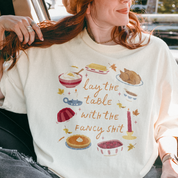 Lay the Table Thanksgiving Tee in Ivory, on model