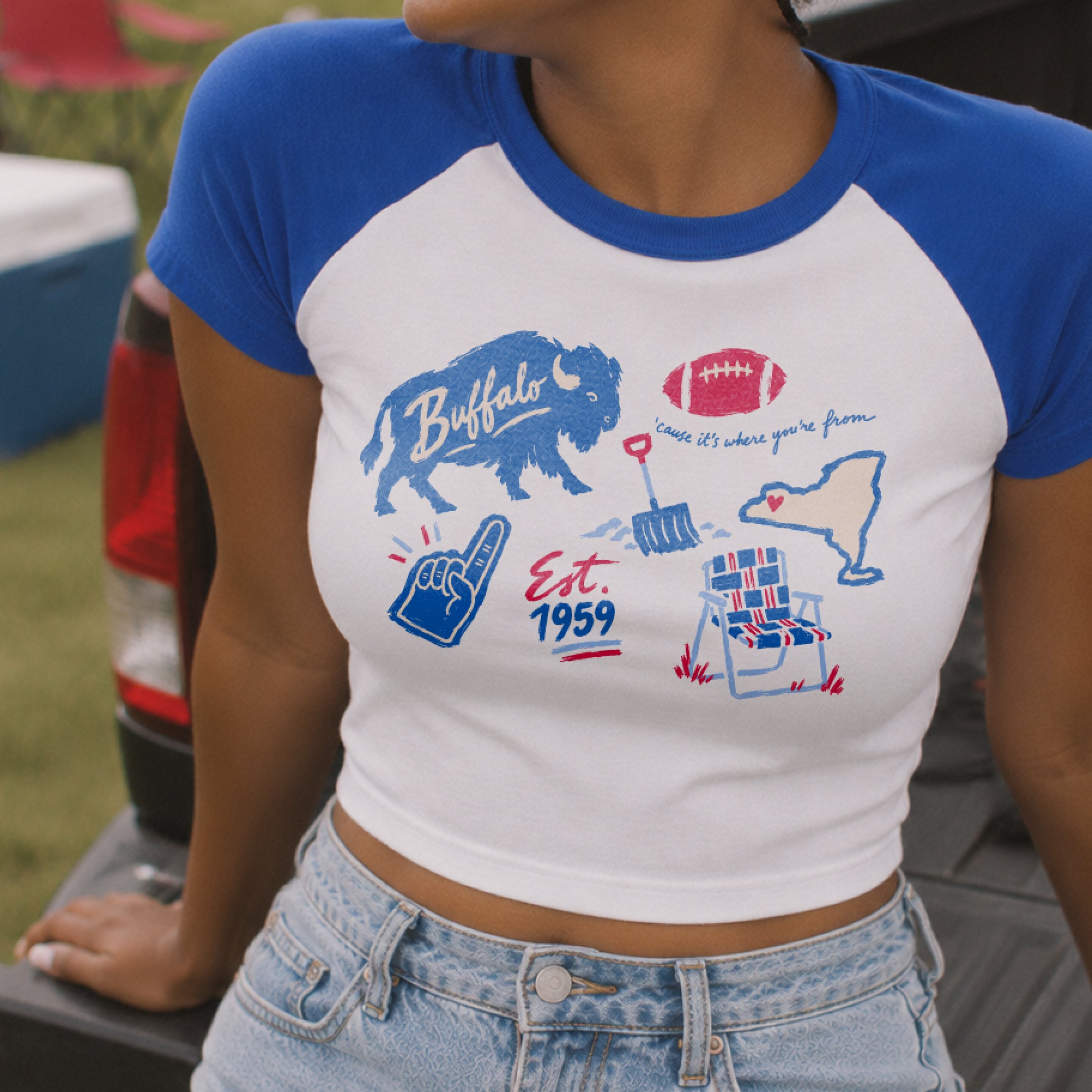 Buffalo Forever Raglan Baby Tee in White/True Royal, on model