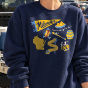 Milwaukee Forever Crewneck in True Navy, on model