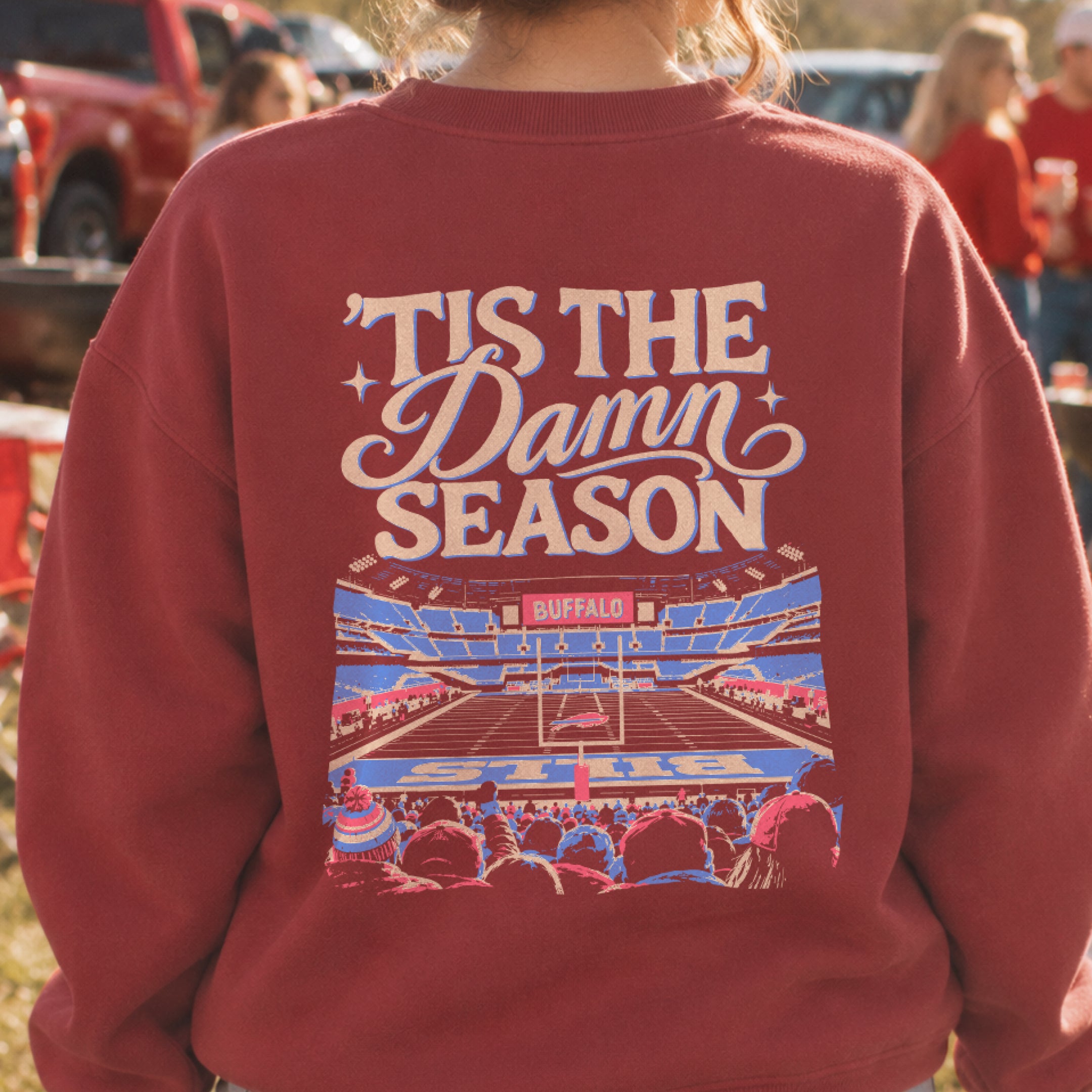 ’Tis the Damn Season Buffalo Crewneck in Crimson, back, on model