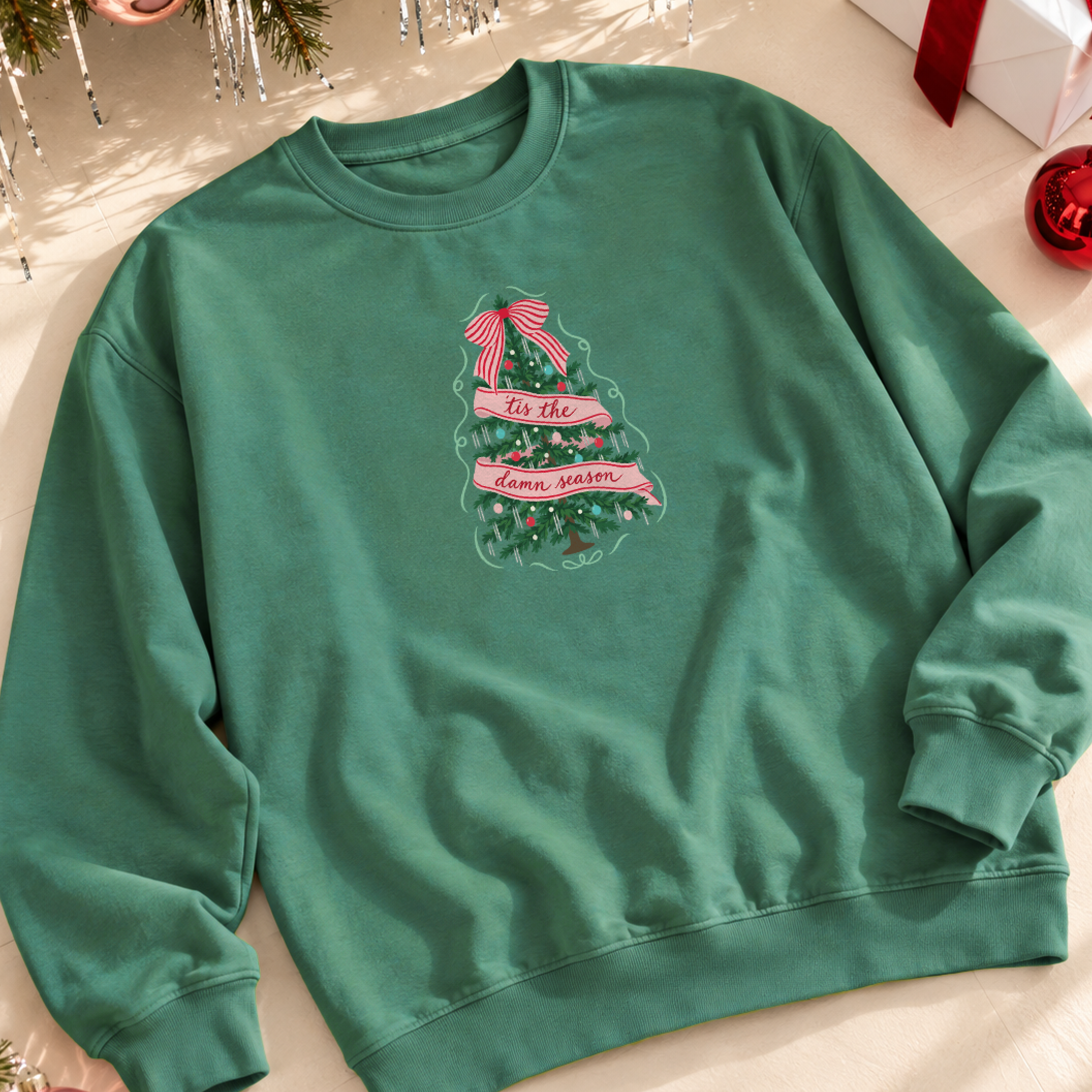 ’Tis the Damn Season Christmas Tree Crewneck in Light Green