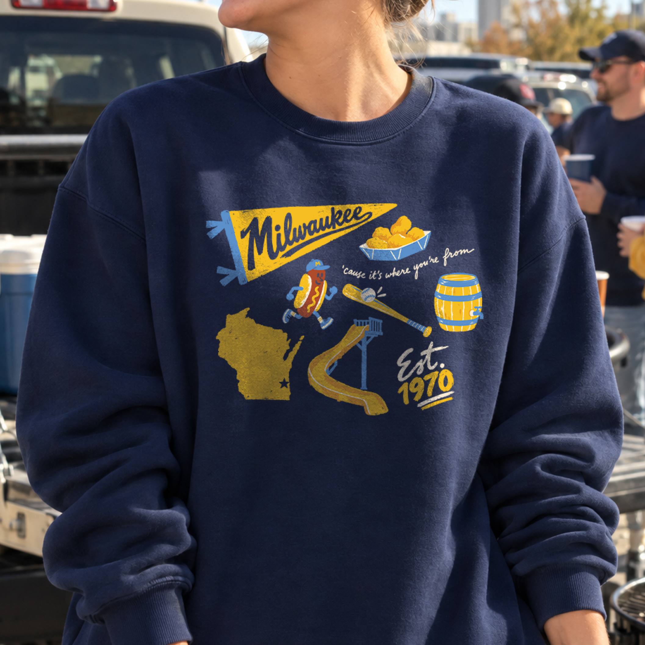 Milwaukee Forever Crewneck in True Navy, on model