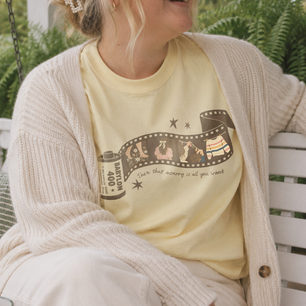 That Memory Is All You Want Tee in Butter, worn