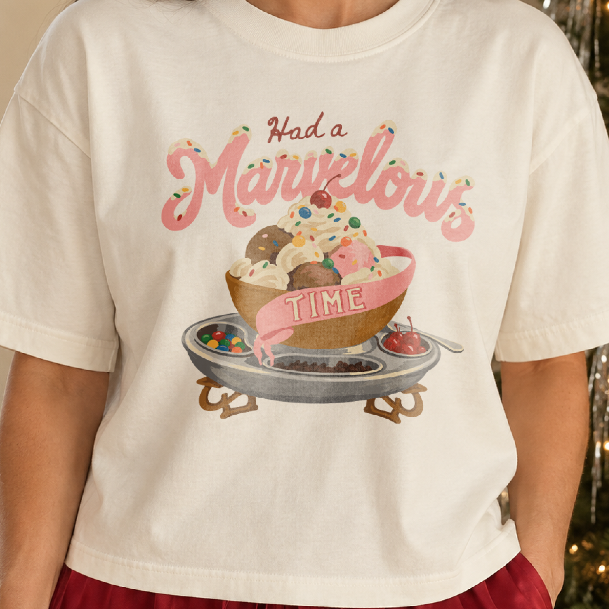 Had a Marvelous Time Sundae Boxy Tee in White, on model
