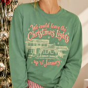 Christmas Lights 'Til January Crewneck in Light Green, on model