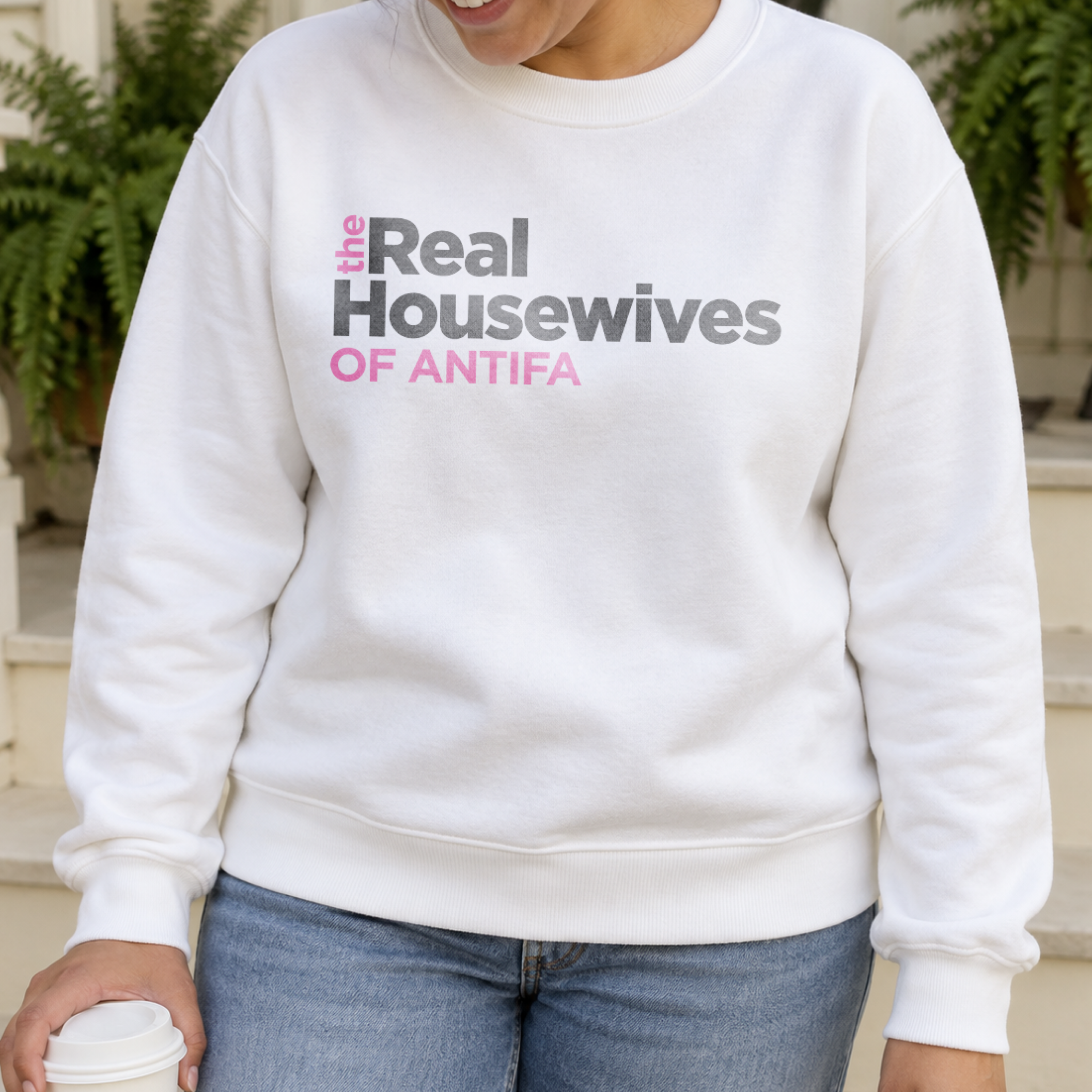 The Real Housewives of Antifa Crewneck in White, on model