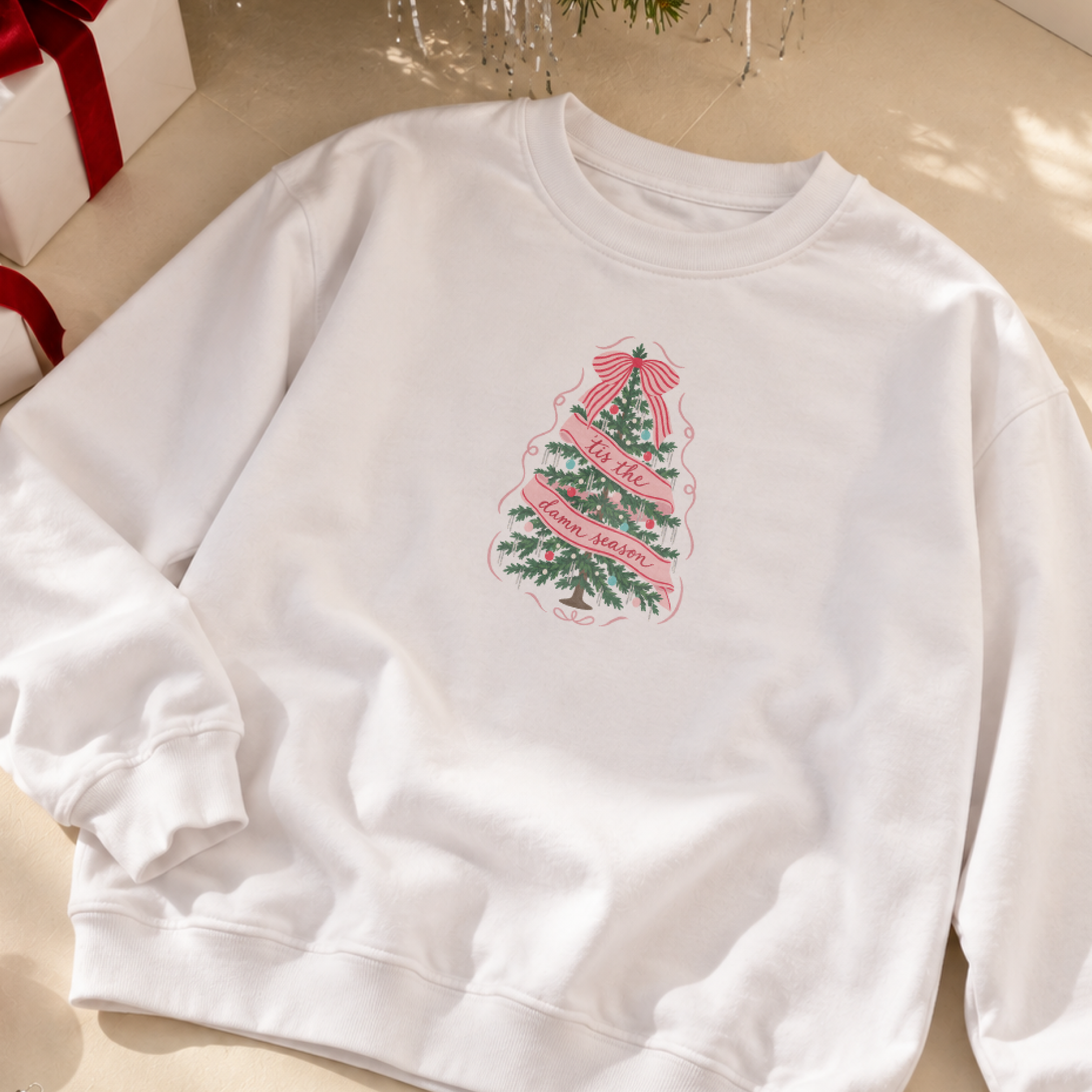 ’Tis the Damn Season Christmas Tree Crewneck in White