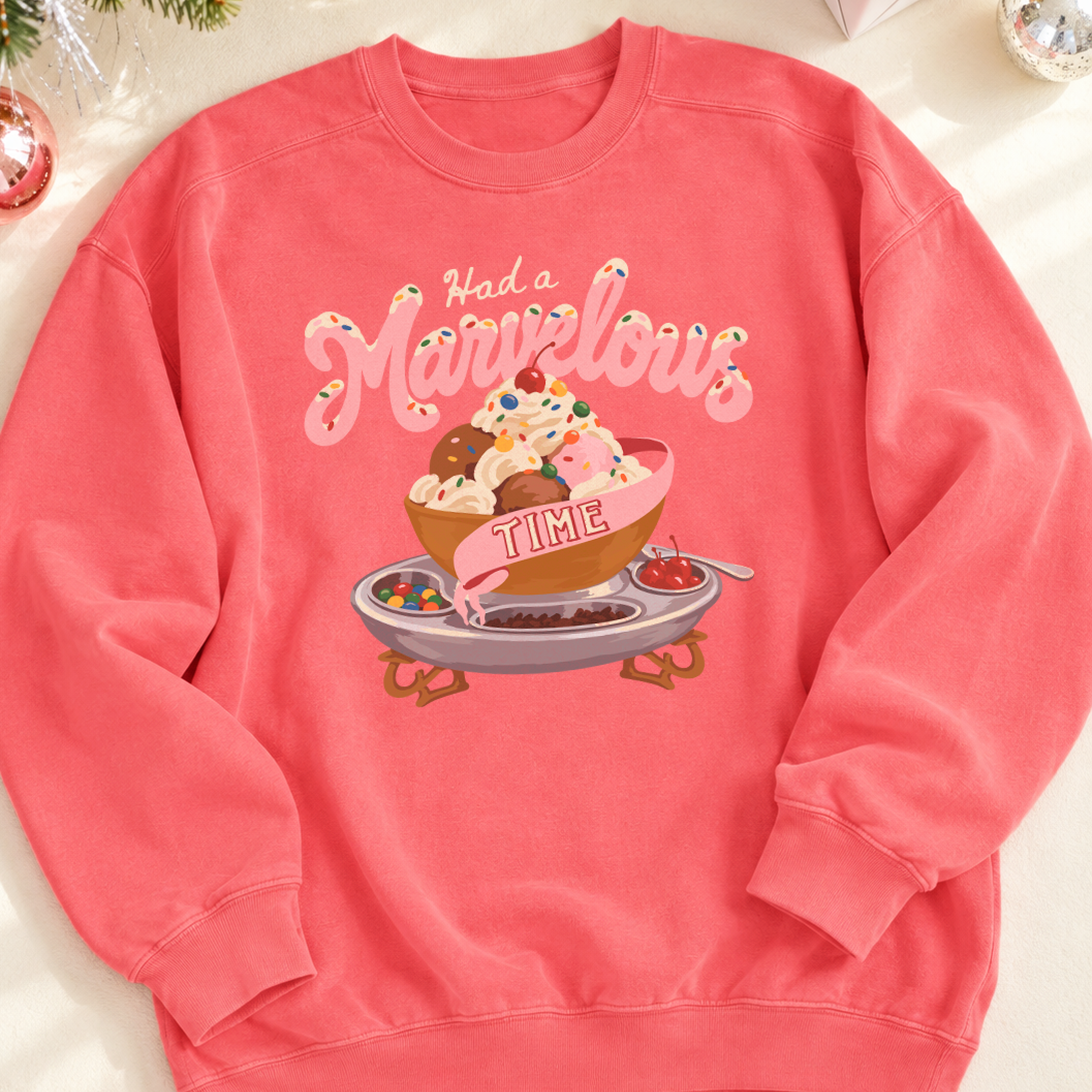 Had a Marvelous Time Sundae Crewneck in Watermelon, on model
