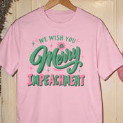 We Wish You a Merry Impeachment Tee in Blossom, on model
